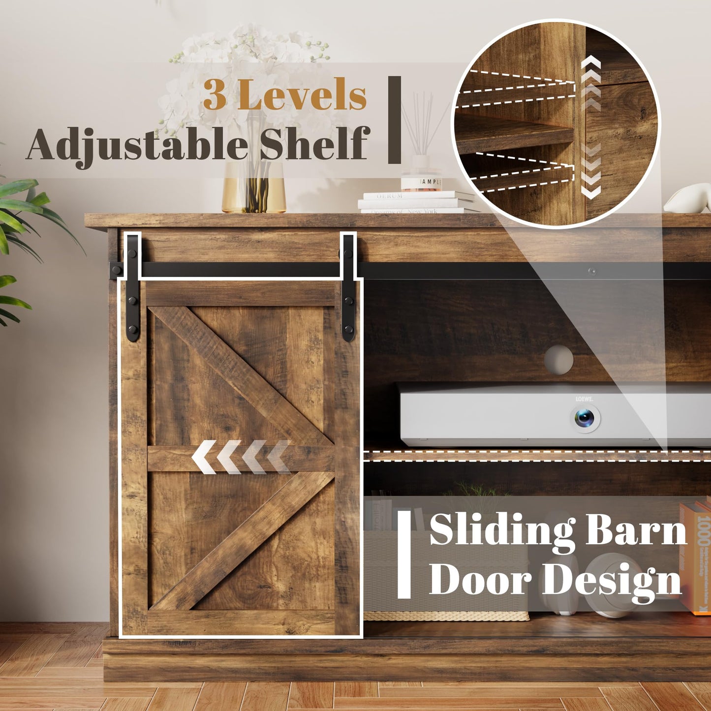 YESHOMY Farmhouse TV Stand for Televisions up to 65 Inch, Wood Entertainment Center with Sliding Barn Doors and 4 Storage Drawers, 58’’ Media Console Cabinet with Shelves for Living Room, Barnwood