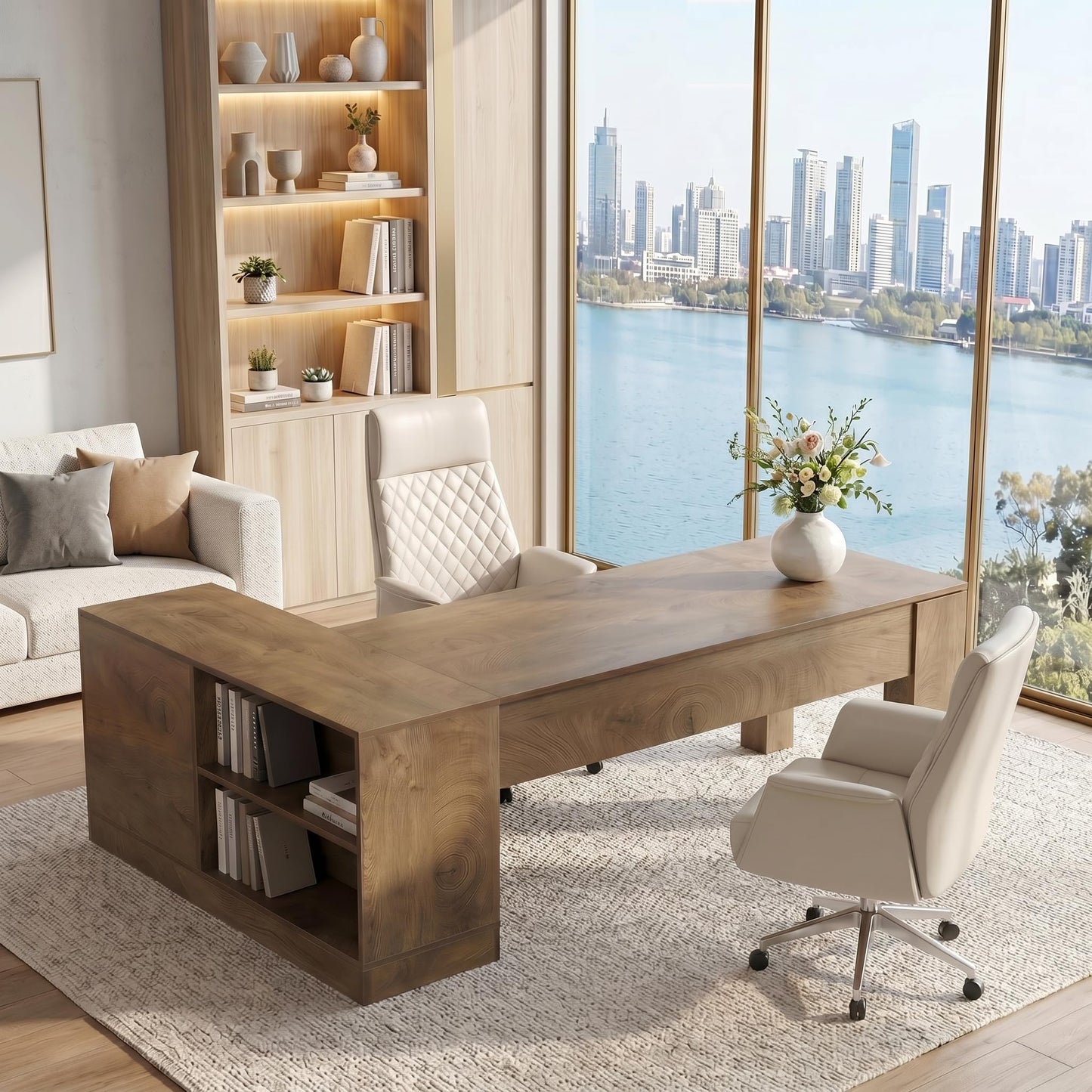 LITTLE TREE 78.7" L Shaped Office Desk with Drawers, Executive Computer Desk with Open Shelves Storage, Farmhouse Large Wooden L Desks Business Furniture, Brown