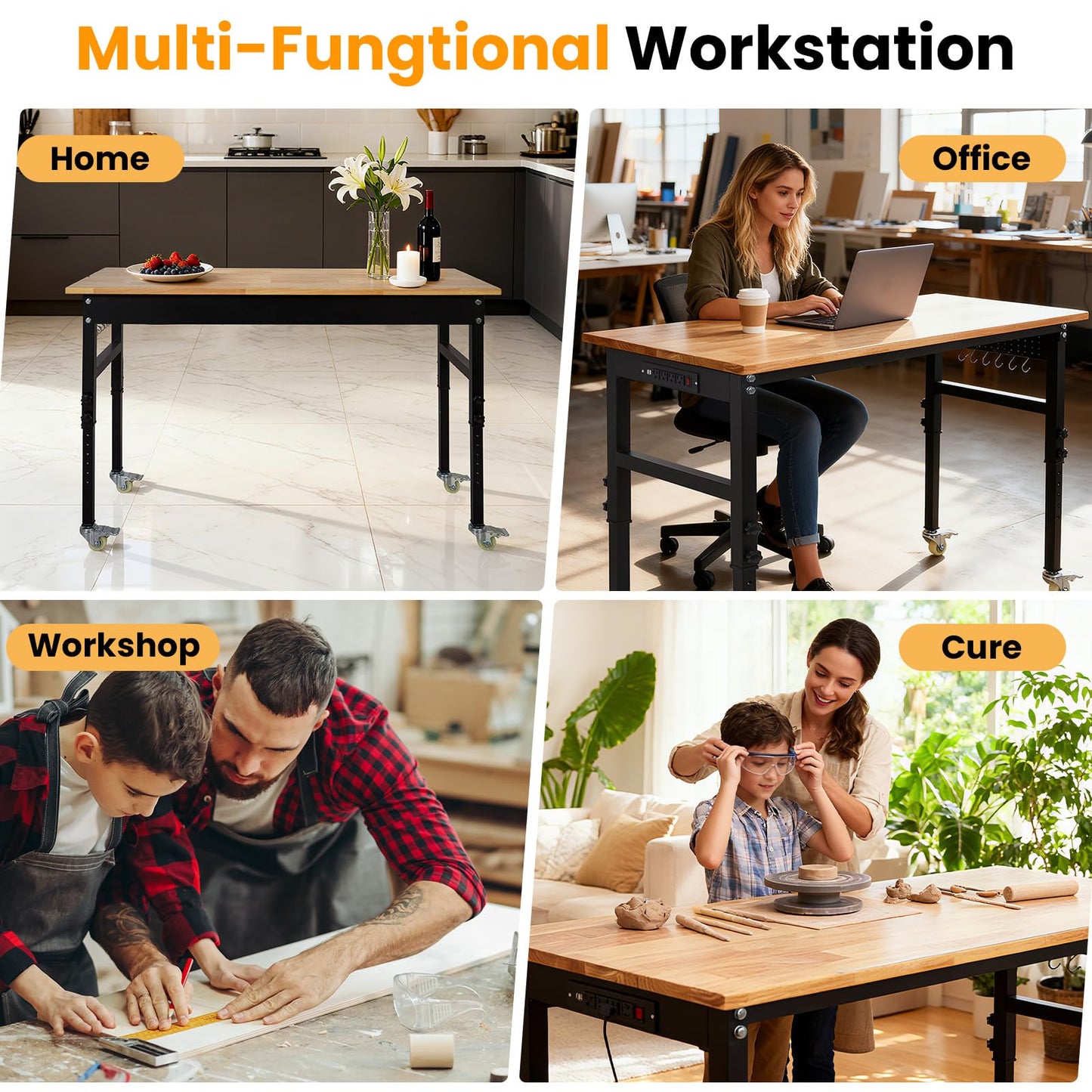 60" Adjustable Workbench with Power Outlet, 2000LBS Capacity Solid Rubber Wood Top & Thickened Steel Legs, 8-Levels Adjustable Heigh Work Table, Easy Assembly for Garage, Workshop, Home