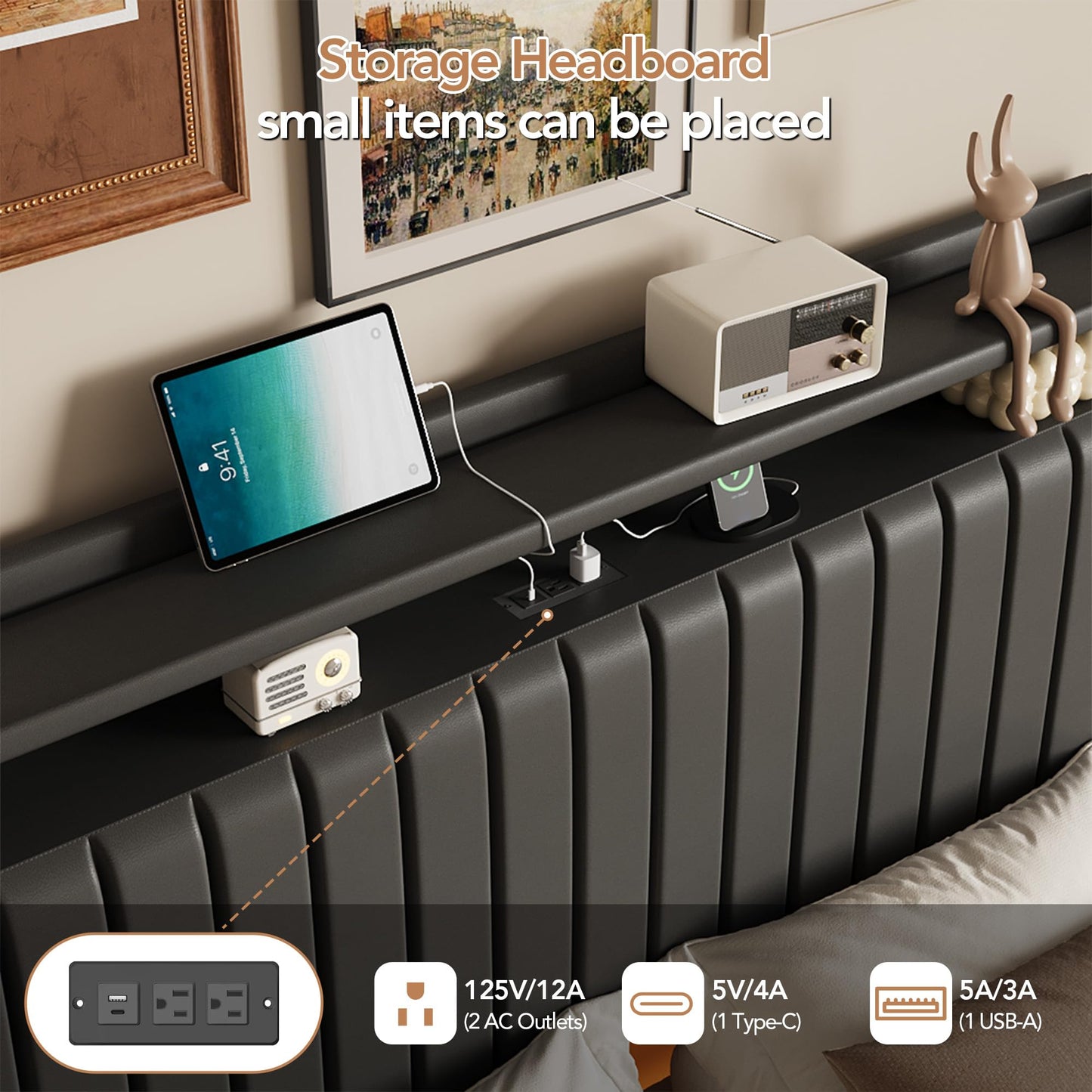 Queen Floating Bed Frame with LED Lights & Charging Station, Upholstered Leather Platform Bed Frame with Headboard, 50" Tall Floating Bed with Stable Structure, No Box Spring Needed,Black