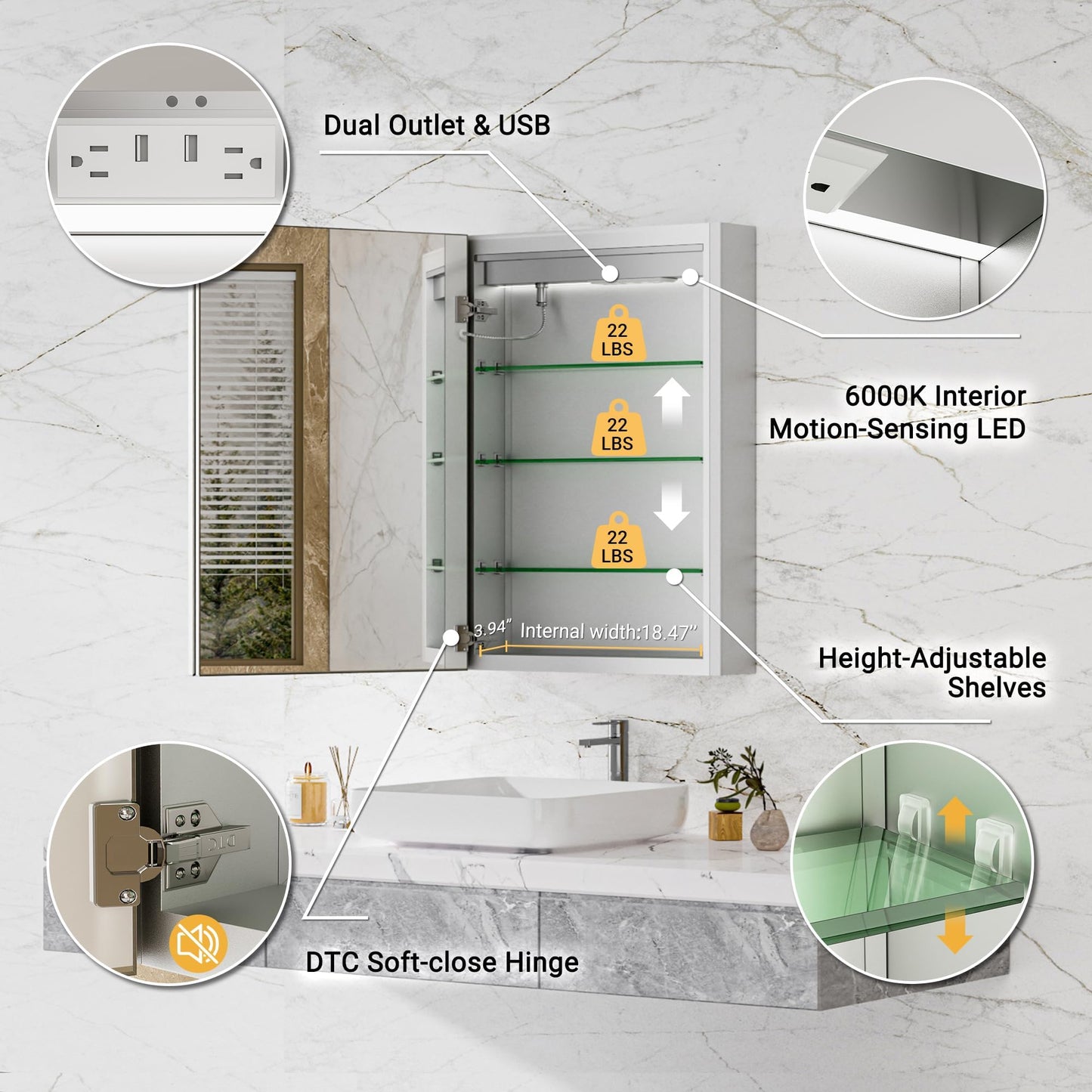 QueenFun Lighted Medicine Cabinet with Mirror, 20x26 Beveled Brushed Nickel Framed Surface or Recessed Fogless Dimmable LED Medicine Cabinet with Outlet, Time Display and Sensor Inner Light