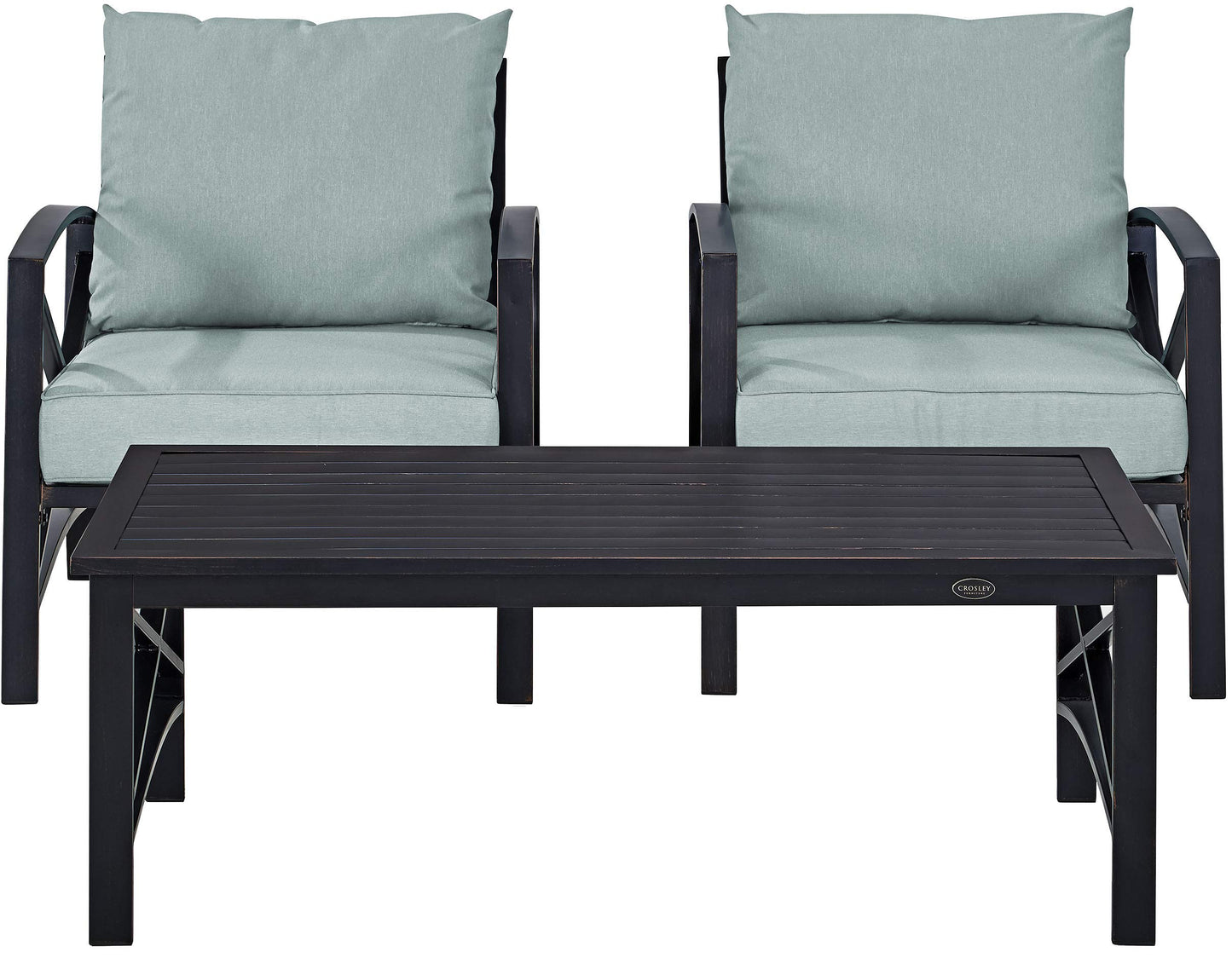 Crosley Furniture Kaplan 3-Piece Outdoor Chair and Coffee Table Set, Wicker Patio Conversation Sets for Deck, Oiled Bronze with Mist Cushions