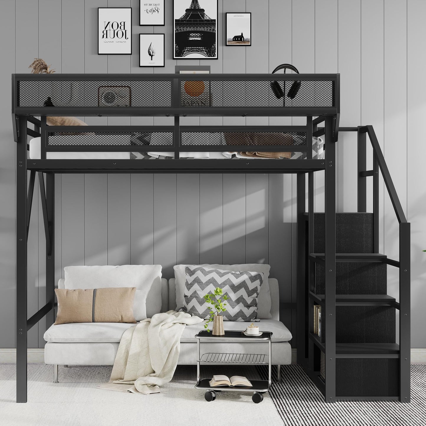 KEIKI Full Size Metal Loft Bed Frame with Convertible Staircase, Built-in Storage Shelves and Wardrobe, Loft Bed with Solid Slats, Guardrail, No Box Spring Required, Easy Assembly, for Bedroom, Black