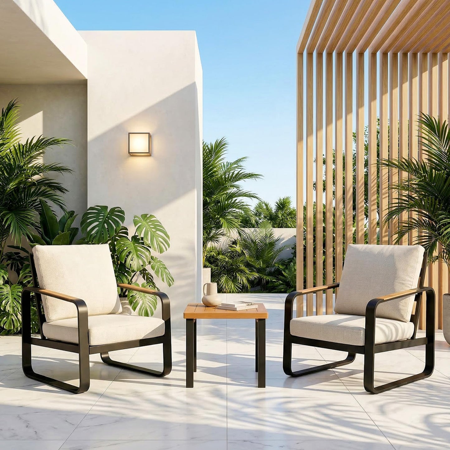 Tribesigns 3-Piece Outdoor Patio Furniture Set with 2 Armchairs & 1 Side Table, Black Metal Frame with 6'' Thick Cuushions, Modern Outdoor Conversation Set for Porch, Deck, Backyard, Beige