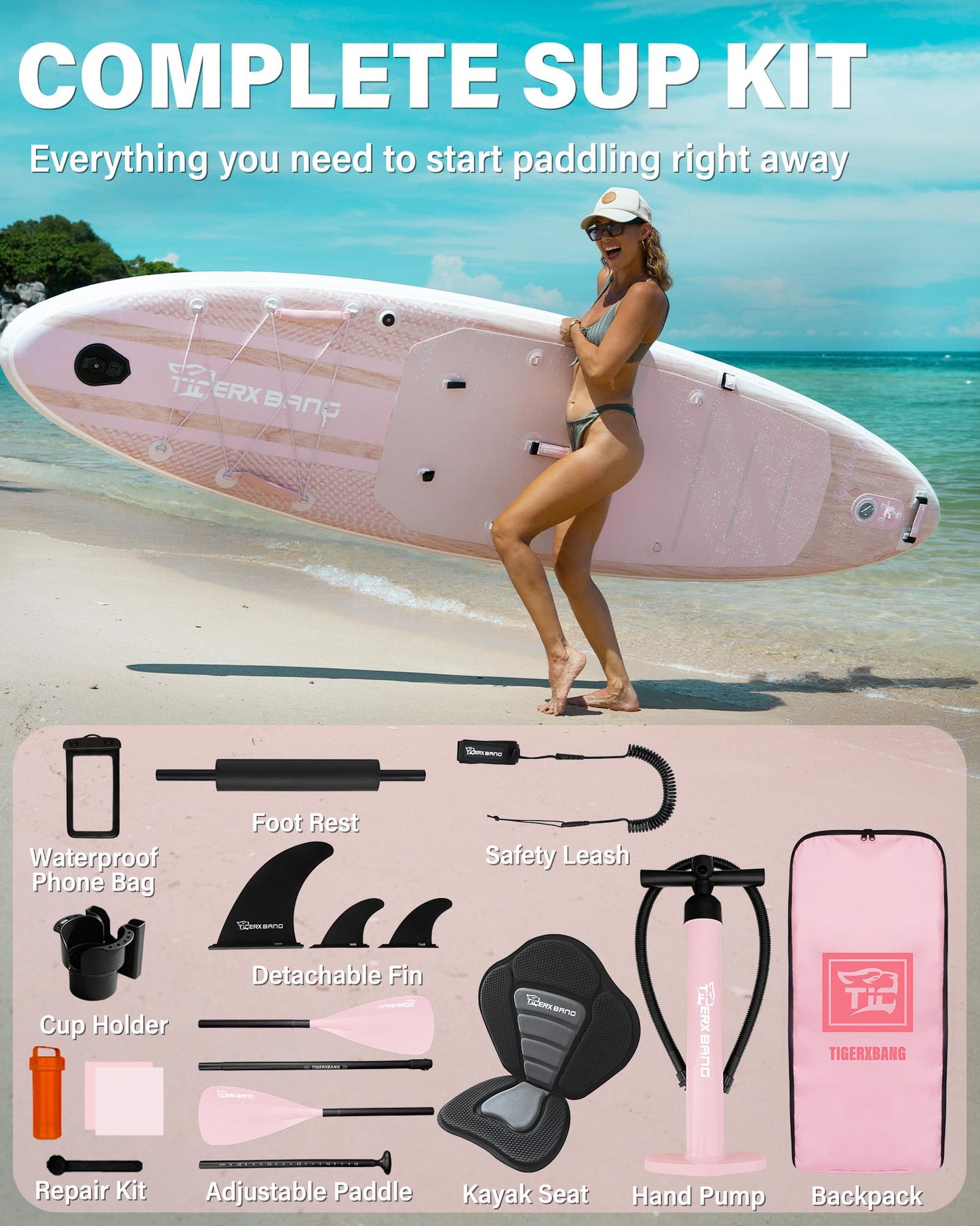 TIGERXBANG Inflatable Stand Up Paddle Board with SUP Board Accessories, Anti-Slip EVA Deck, 11' Paddleboard for Adults & Youth - All Skill Levels, Pink