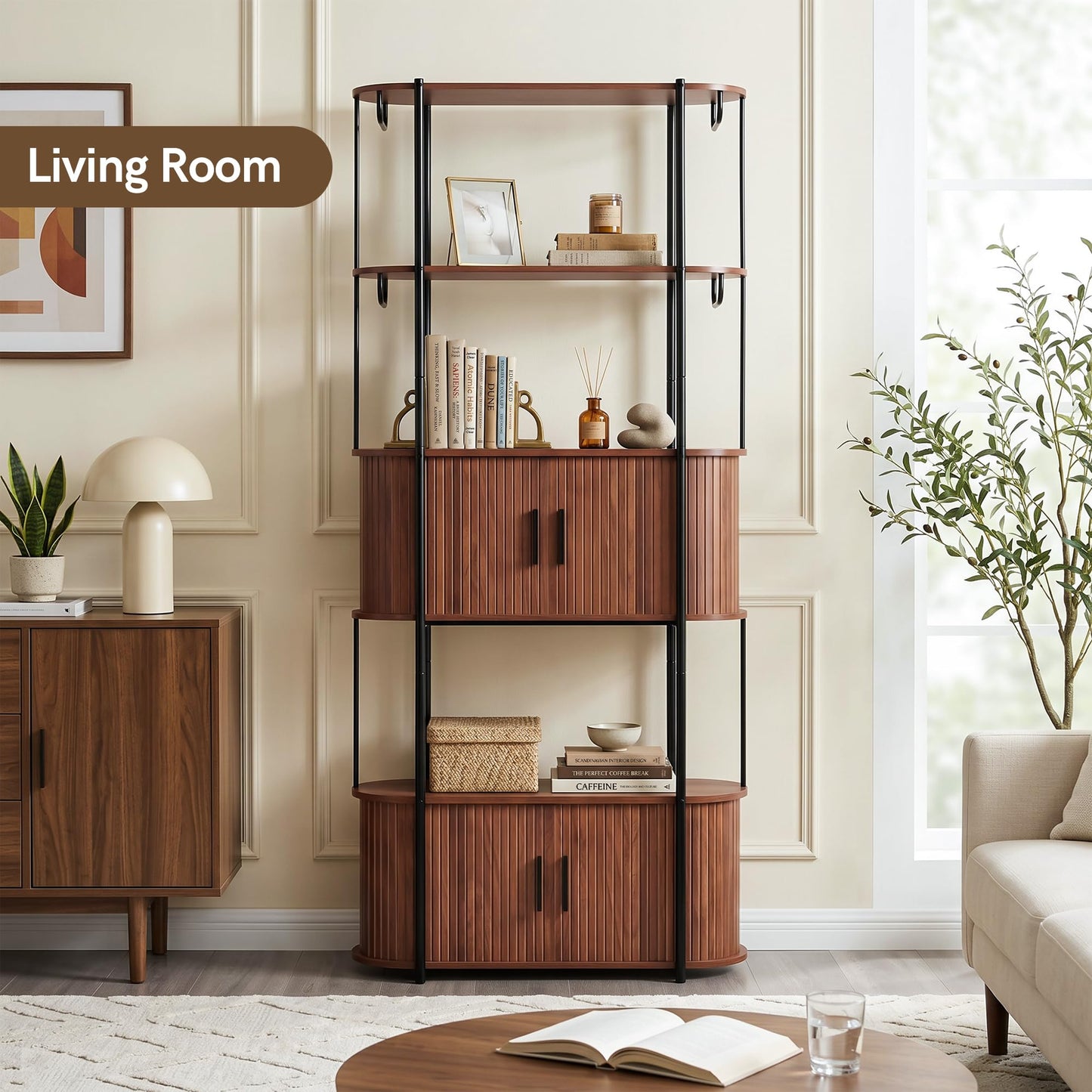 Afuly 72" Tall Bookshelf with Doors Mid Century Modern Walnut Book Shelf with Cabinet, 5 Shelf Bookcase for Display and Storage, Curved Bookshelves with Tambour Doors for Living Room Bedroom Office