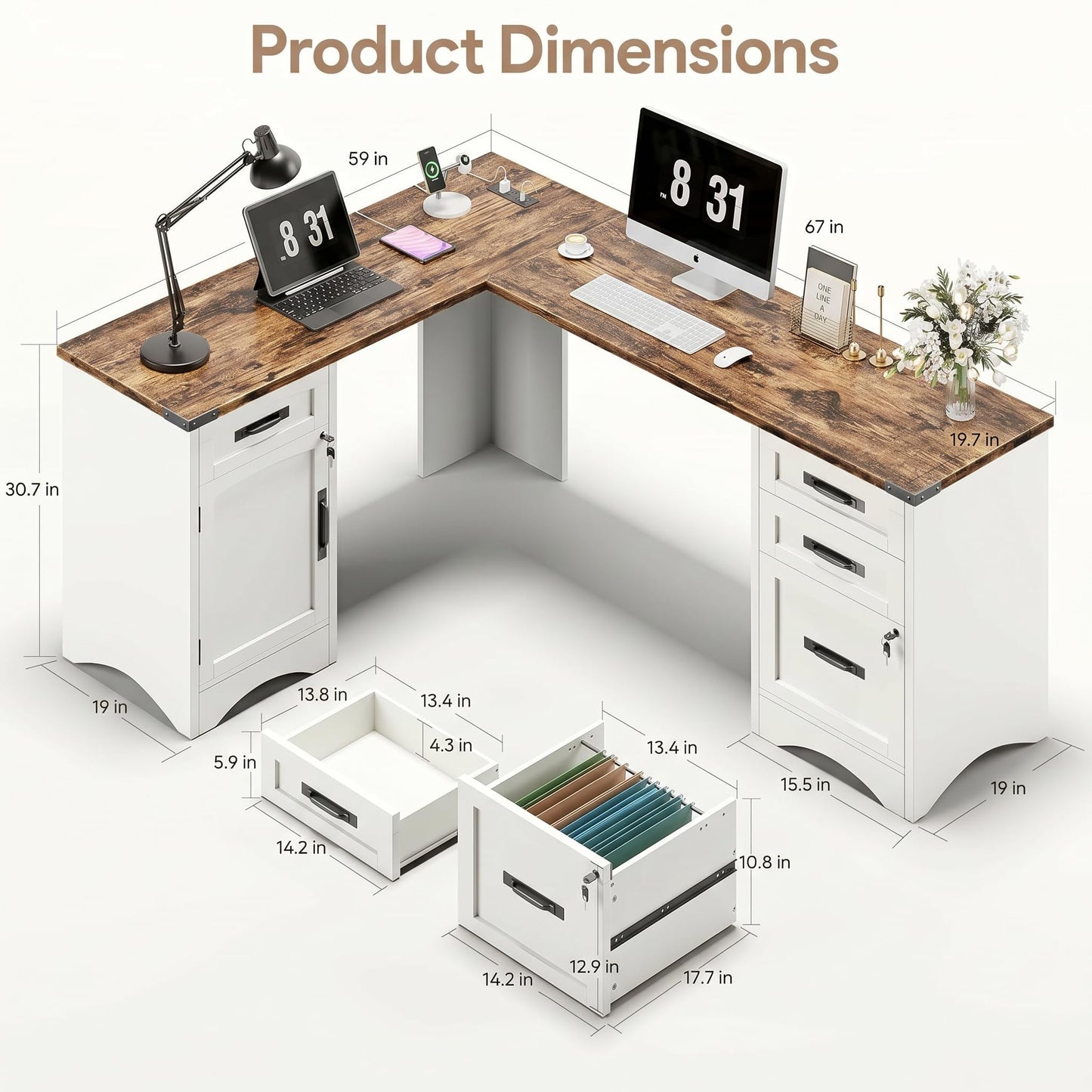 Decofy 67" Farmhouse L Shaped Standing Desk with Drawers Home Office Executive Desks with Fast Charging Station, Lockable File Cabinet, Wood Writing Computer Desk for Work, Study, White
