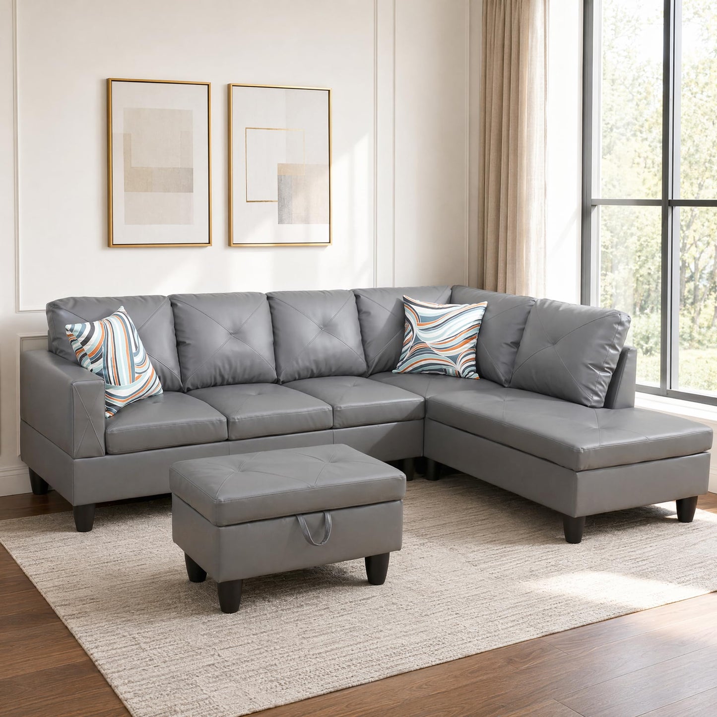 Trygoal 97" Leather L Shaped Couch with Right Chaise & Cup Holder, Sectional Sofas Modular Furniture Set with Storage Ottoman, Convertible Couches for Living Room, Small Space & Office (Grey)
