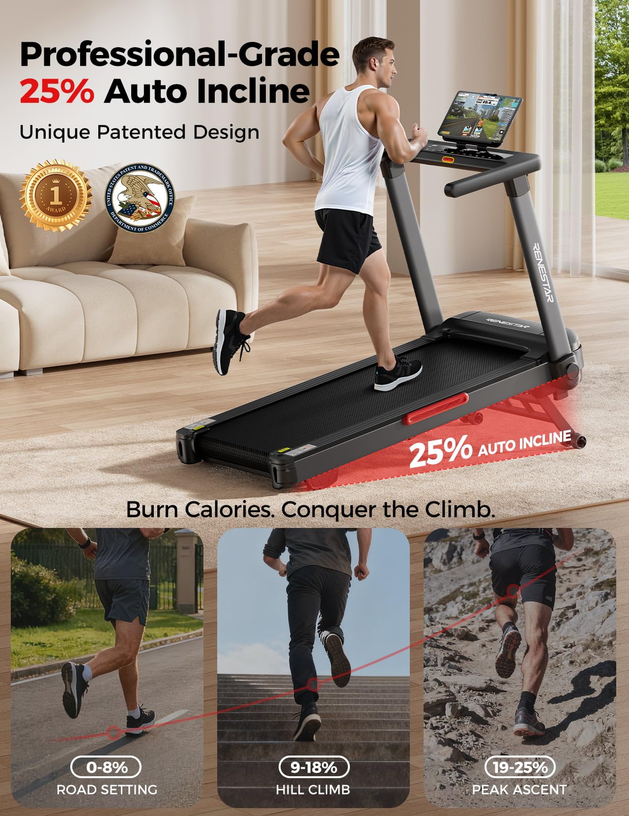 Renestar Treadmill for Home with 25% Auto Incline - 8.5MPH Max Speed, Extra Large LED Touchscreen, 300LBS Capacity, 3.5HP Home Office Treadmills for Running Jogging Walking