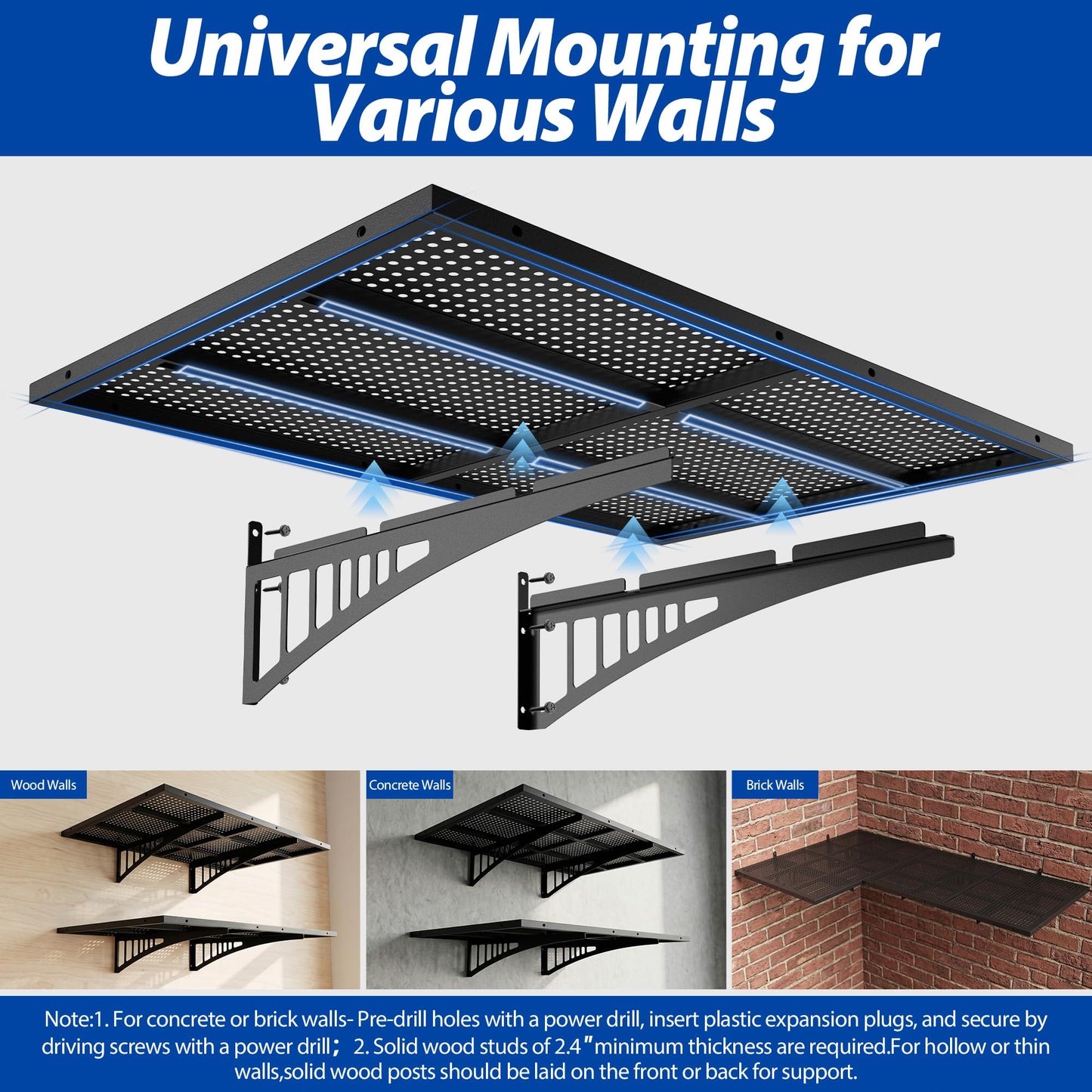 Avalution Garage Wall Shelving 4 Pack,2x3ft Garage Shelving Wall Mounted,1300lbs Capacity Heavy Duty Wall Organizer Storage Shelf with Hooks,Floating Shelves for Laundry, Basement,Warehouse,Black