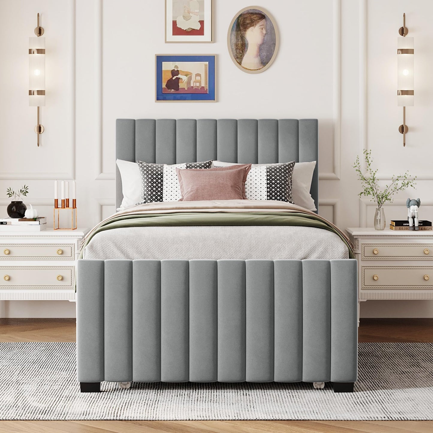 Merax Twin Size Velvet Upholstered Platform Bed, Wood Bed Frame with Twin Size Trundle, Gray