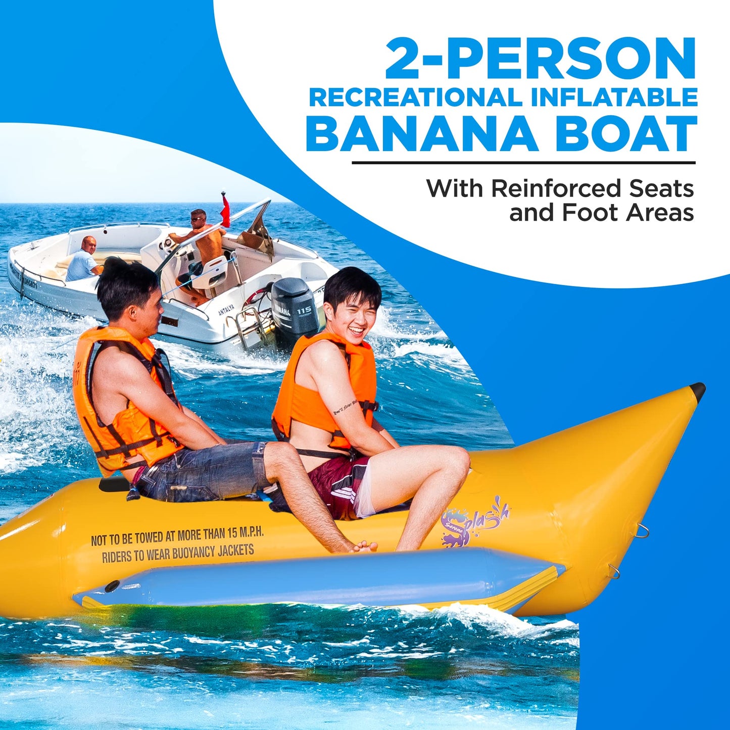 Jovial 2 Person Inflatable Banana Boat, Includes Storage Bag, Foot Pump, and Repair Kit, Tough and Thick, Reinforced Seats and Foot Areas, 340 Lbs Weight Capacity, Easy Inflation and Deflation
