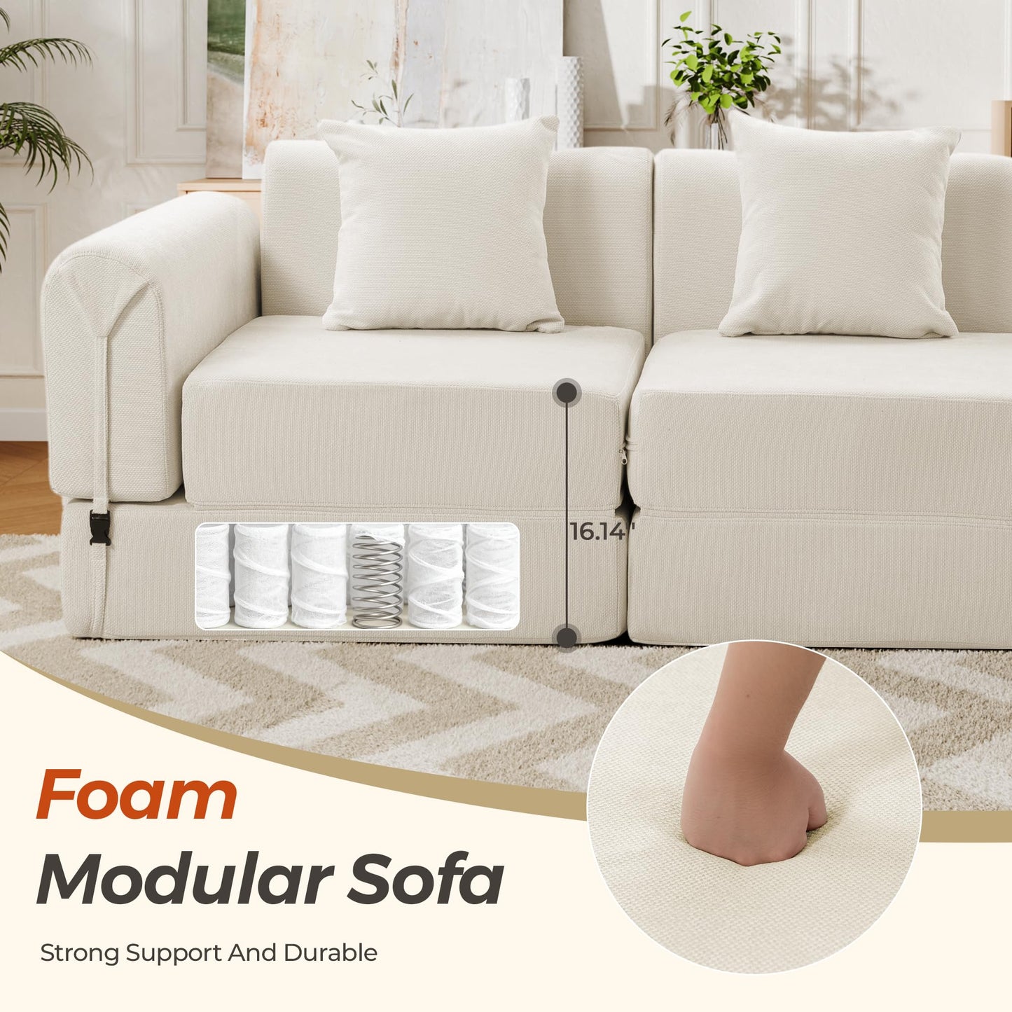 Topcomfy 99.2" Modular Sectional Sofa Bed, Convertible Futon Sleeper Couch with Movable Side Table, Tool-Free Assembly Floor Sofa with Metal Support Frame, Chenille Deep Seat for Living Room Beige