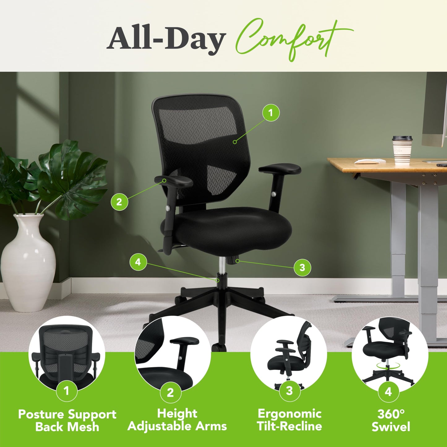 HON Prominent High Back Ergonomic Office Chair with Adjustable Center‑Tilt Recline, Height Adjustable Arms, Swivel Desk and Computer Chair for Home Office or Workstation, Black