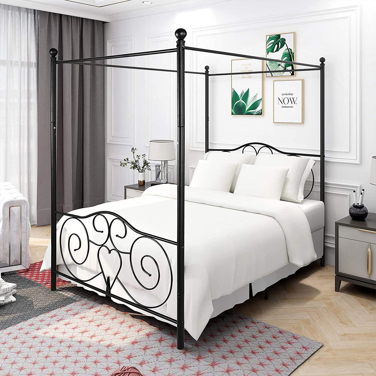 Canopy Full Bed Frame Platform Heavy Duty Steel Slat and Support with Headboard and Footboard No Box Spring Required （Black）