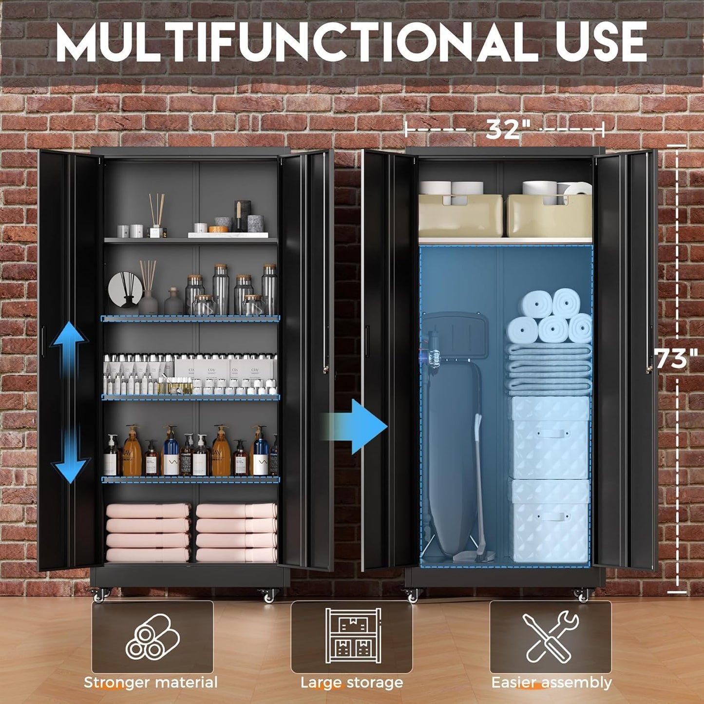 Greenvelly 73" Metal Storage Cabinet with Wheels, Black Garage Storage Cabinet with 4 Adjustable Shelves and Locking Doors, Garage Rolling Storage Cabinet for Warehouse, Garage, Home Office, School