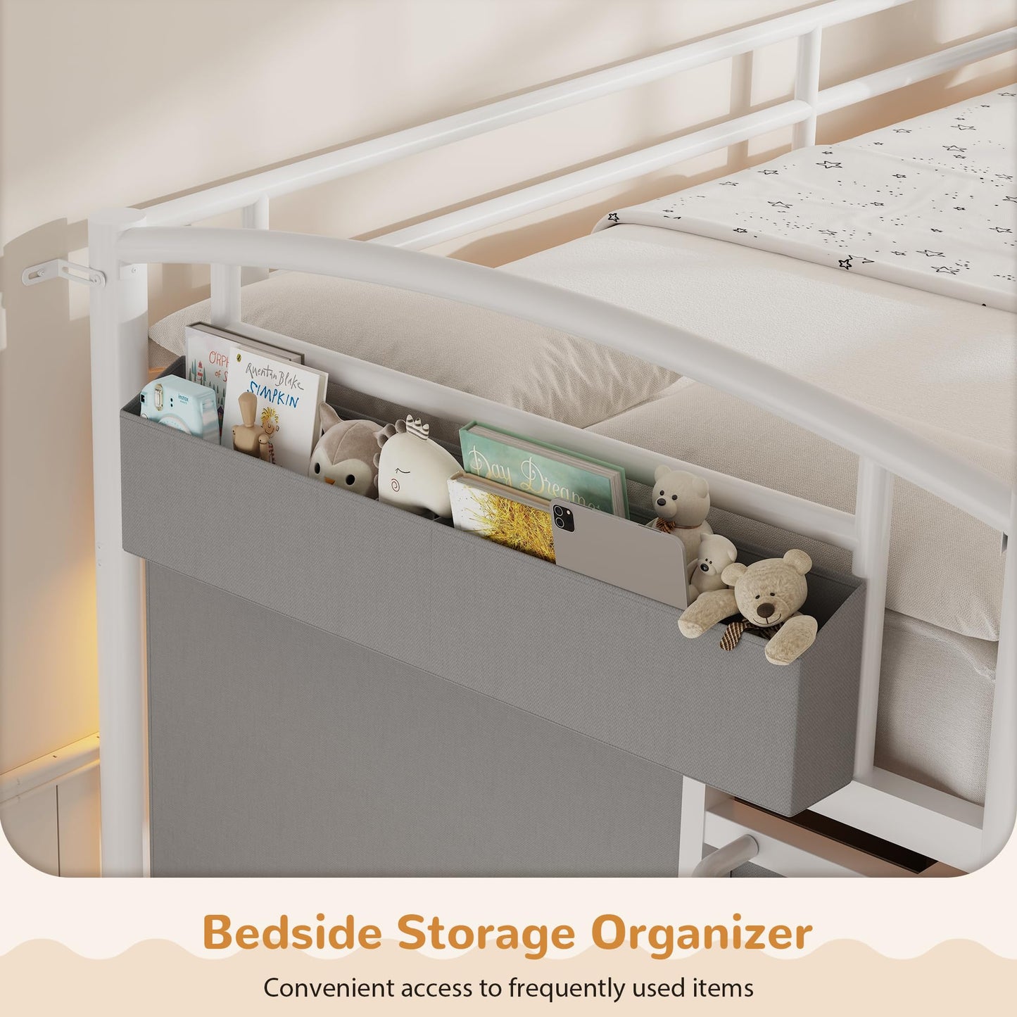Low Loft Bed Twin Size with 4 Storage Drawers and LED Lights, Twin Loft Bed with Sling Bookcase & Toy Storage, Kids Twin Beds with Anti-Collision Pad & Play Curtain, Under-Bed Play Space, White+Grey