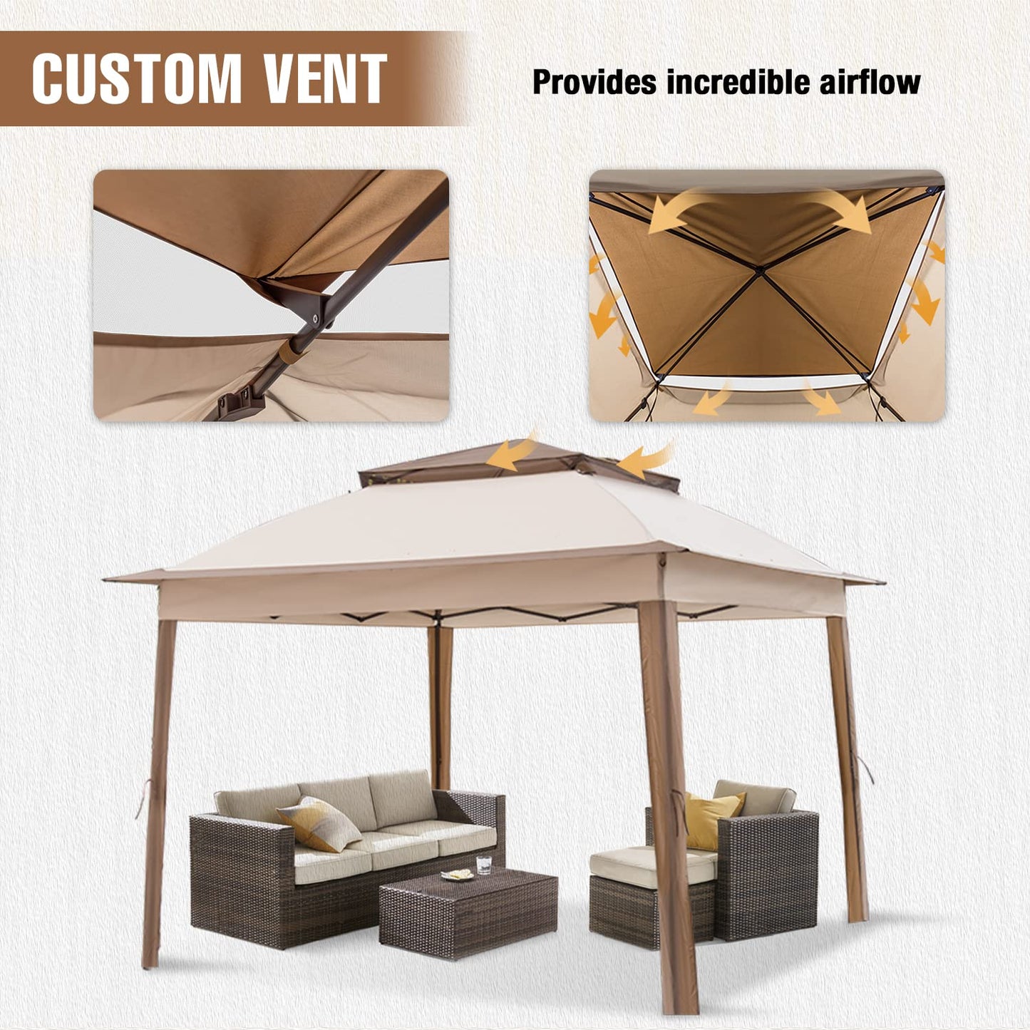 INTER HUT 11x11 Pop Up Gazebo Tent with Mesh Netting, Instant Outdoor Canopy with UPF 50+ UV Protection, Water Resistant, Beige