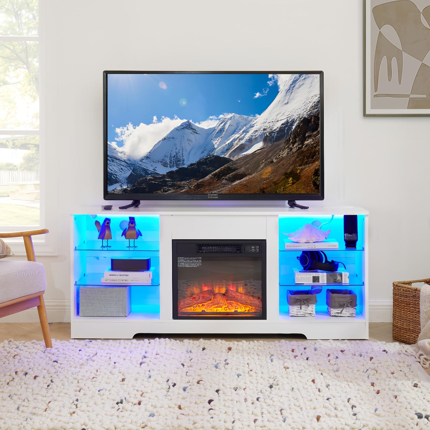 Ball & Cast Fireplace TV Stand with Led and Power Outlets, Entertainment Center with Electric Fireplace for 32"/42"/50"/55"/62" TVs, Modern TV Media Console with Glass Storage Shelves,White
