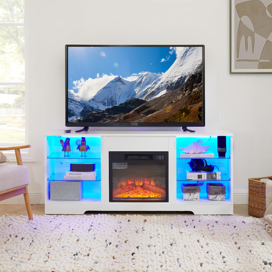 Ball & Cast Fireplace TV Stand with Led and Power Outlets, Entertainment Center with Electric Fireplace for 32"/42"/50"/55"/62" TVs, Modern TV Media Console with Glass Storage Shelves,White