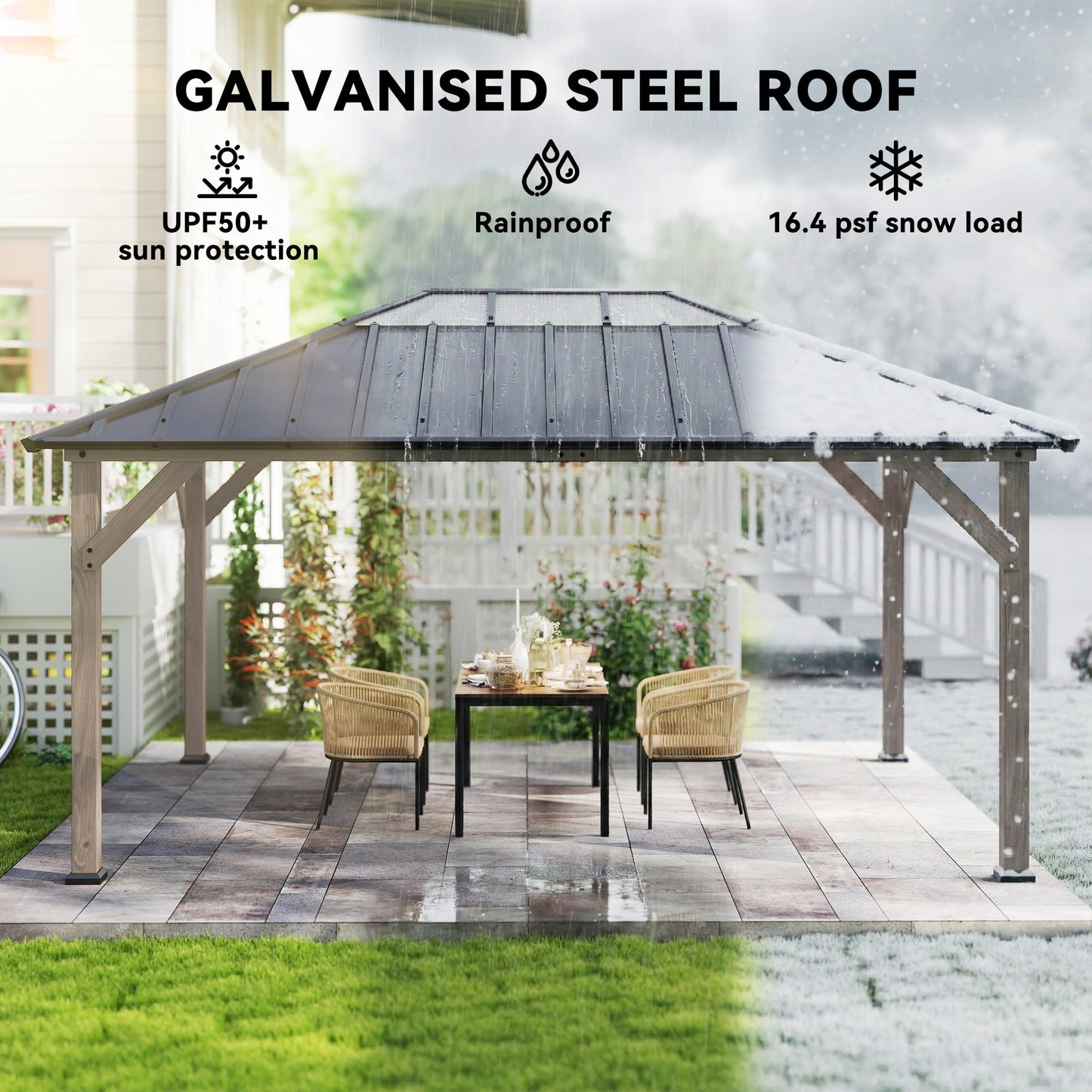 Outsunny 12' x 16' Hardtop Gazebo with Galvanized Steel Roof, Wood Permanent Pavilion Canopy Shelter with Clear Roof Top, UPF50+ Protection, Ceiling Hooks for Lawn, Backyard, Deck, Light Walnut