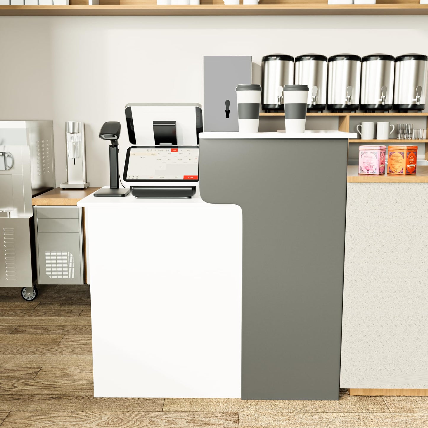 HPLWYM L Shaped Reception Desk with Lockable Drawer, Small Front Desk, Office Reception Room Table, Checkout Retail Counter for Office Lobby Cafe Salon (White+Grey, 39.4"(L) x23.6(W) x39.4(H))