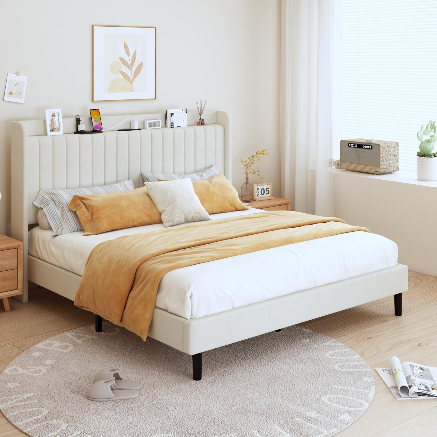 Mxhtcewz Full Velvet Bed Frame with Storage Headboard & Charging Station