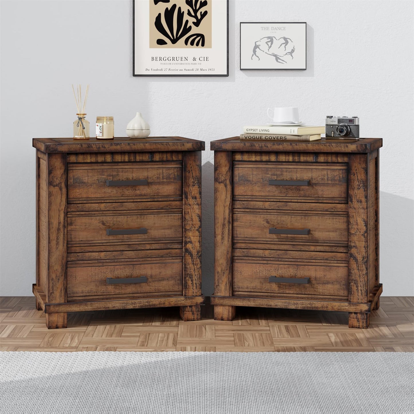 Henf Rustic Brown Nightstand with 3 Drawers,Full Assembly Storage Wood Cabinet with Metal Handle,Drawer Chest End Table for Living Room, Bedside Table Organizer with Solid Wood Frame for Bedroom