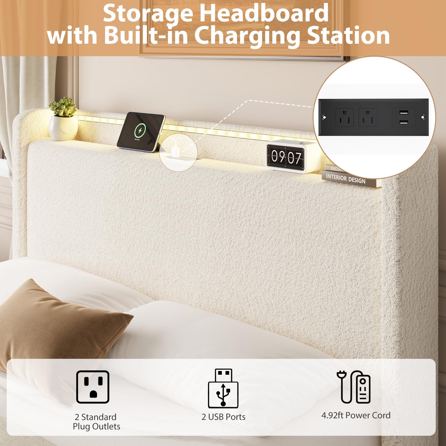 GarveeHome Boucle Queen Size Bed Frame, Cloud Cream Platform Bed Frame with 4 Storage Drawer and Upholstered Headboard, Soft Boucle Fabric, No Box Spring Required, Easy Assembly, Cream