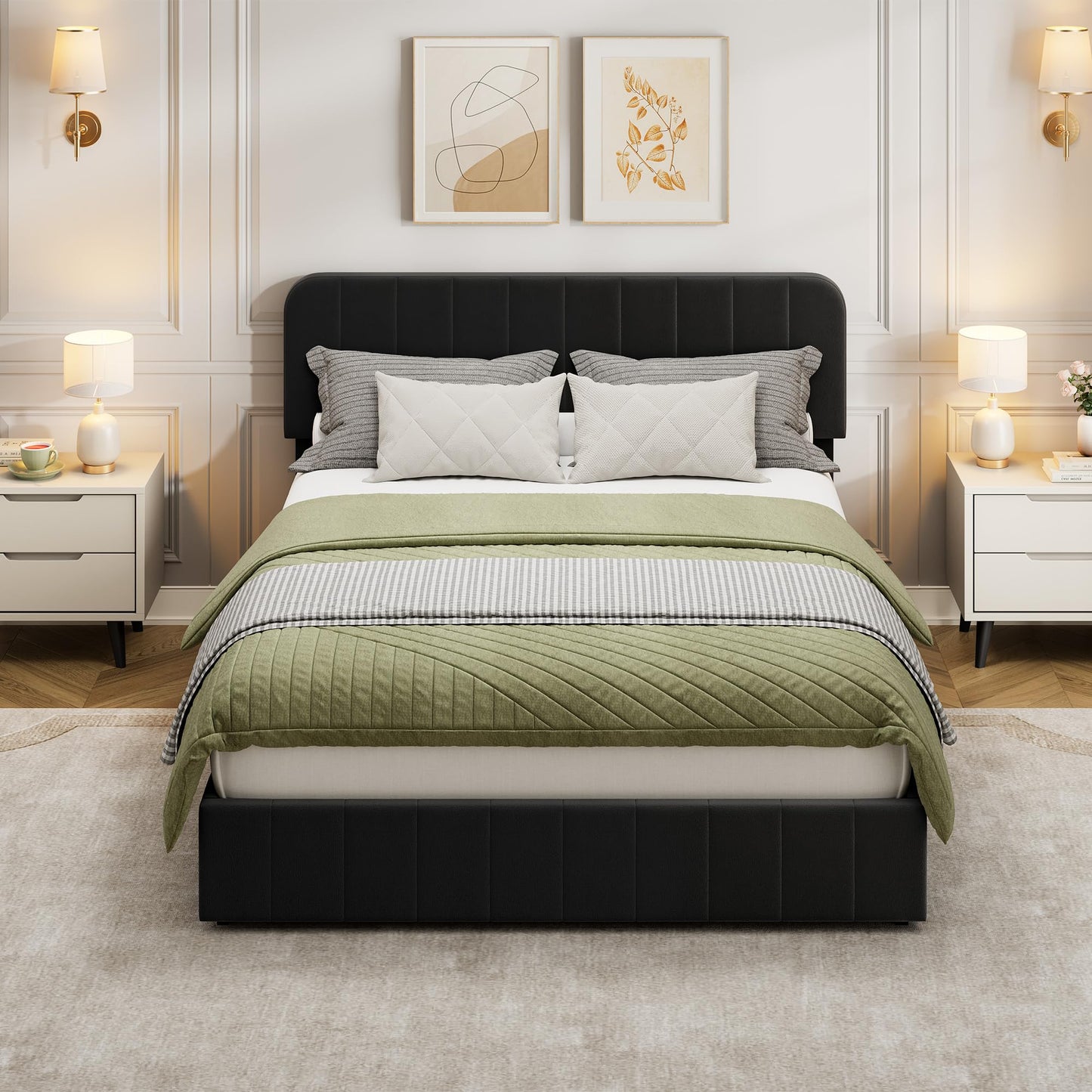 GAOMON Queen Bed Frame with Storage Drawers - Velvet Upholstered Platform Bed Frame with Adjustable Headboard, Wood Slats Support, No Box Spring Needed, Easy Assembly, Black