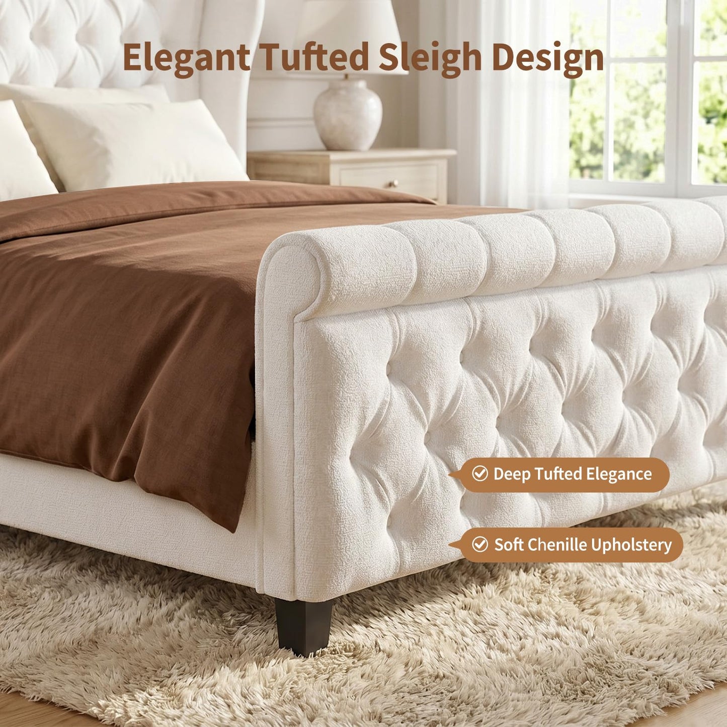 koorlian King Size Bed Frame with Headboard,Chenille Upholstered Platform Bed with Button-Tufted Wingback Headboard & Sleigh Footboard, No Box Spring Needed