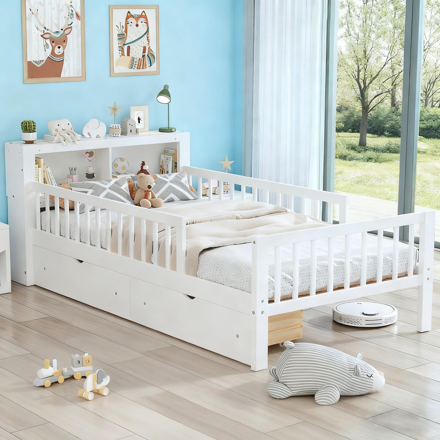 Bellemave Kids Twin Bed Frame with Fences, 2 Drawers & Storage Headboard, Twin Size Platform Bed with 3-Side Guardrails for Kids, Girls & Boys, White