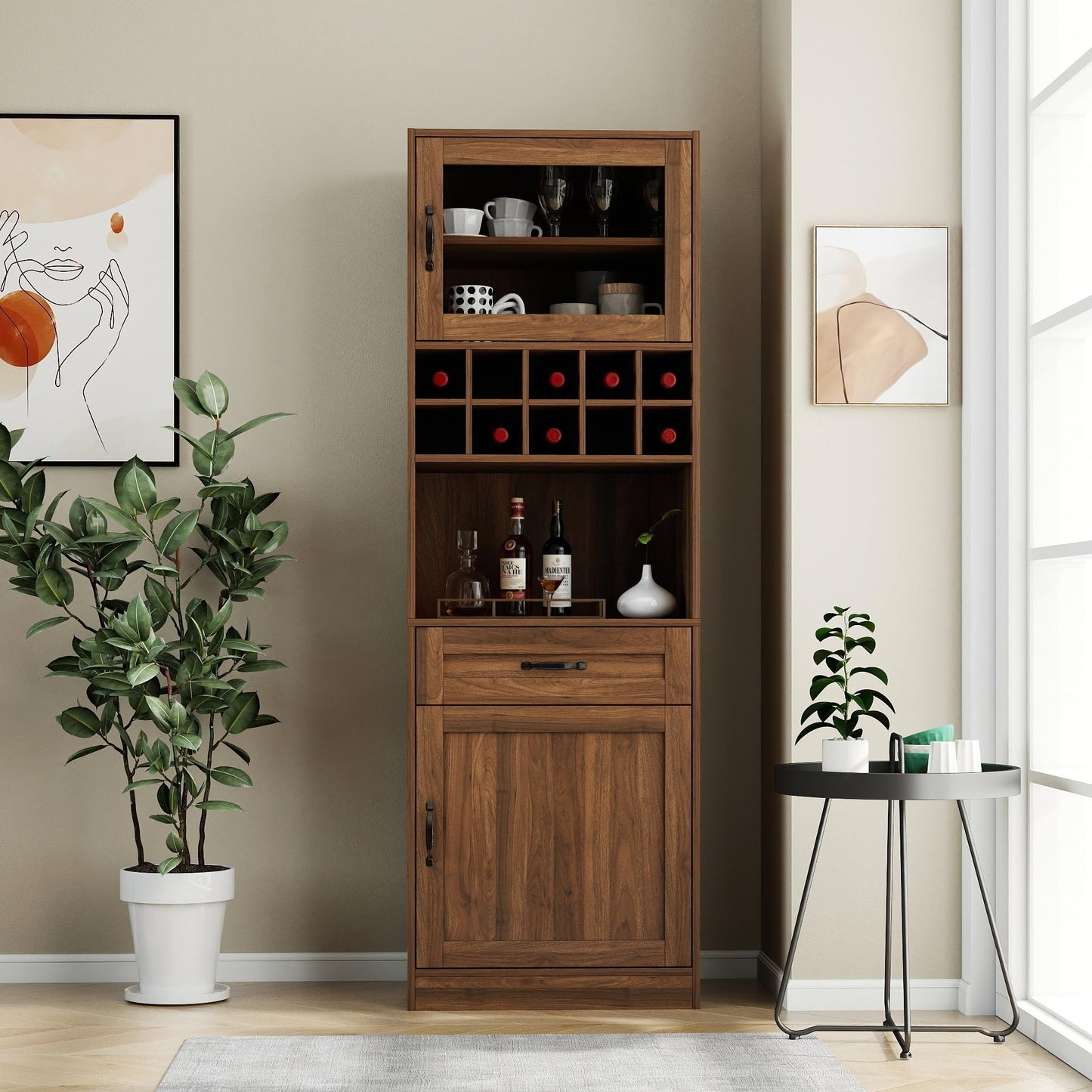 KEIKI 70.87" H Tall Kitchen Pantry Wine Bar Storage Cabinet with Countertop, Wine Rack, Glass Doors, Drawers, Wood Freestanding Hutch Food Pantries Cupboard for Coffee, Dining Living Room