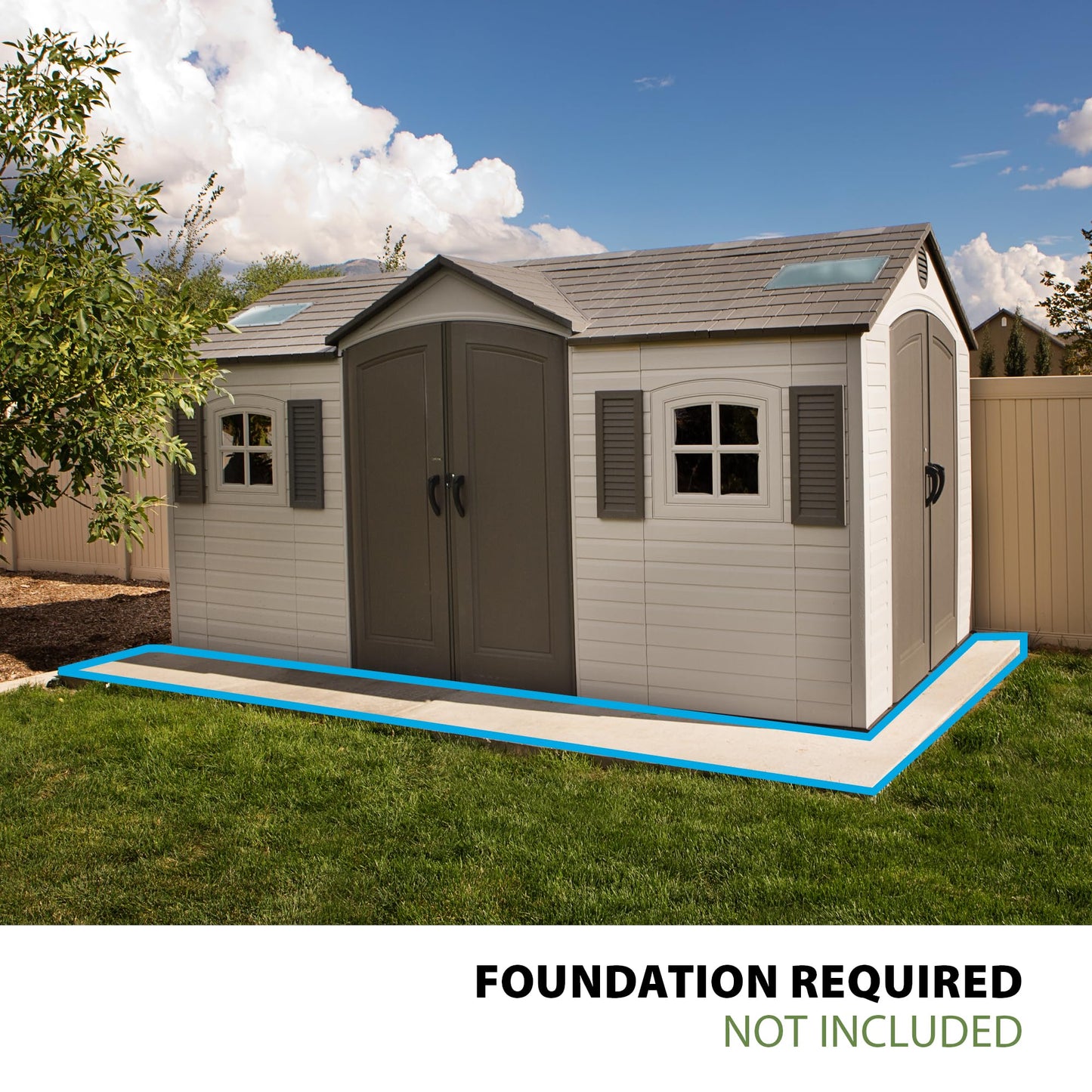 Lifetime 15×8 Ft Dual‑Entry Outdoor Storage Shed, Steel‑Reinforced, UV‑Protected, Weather‑Resistant Backyard Garden Shed with Skylights, Windows & Shelving, Desert Sand
