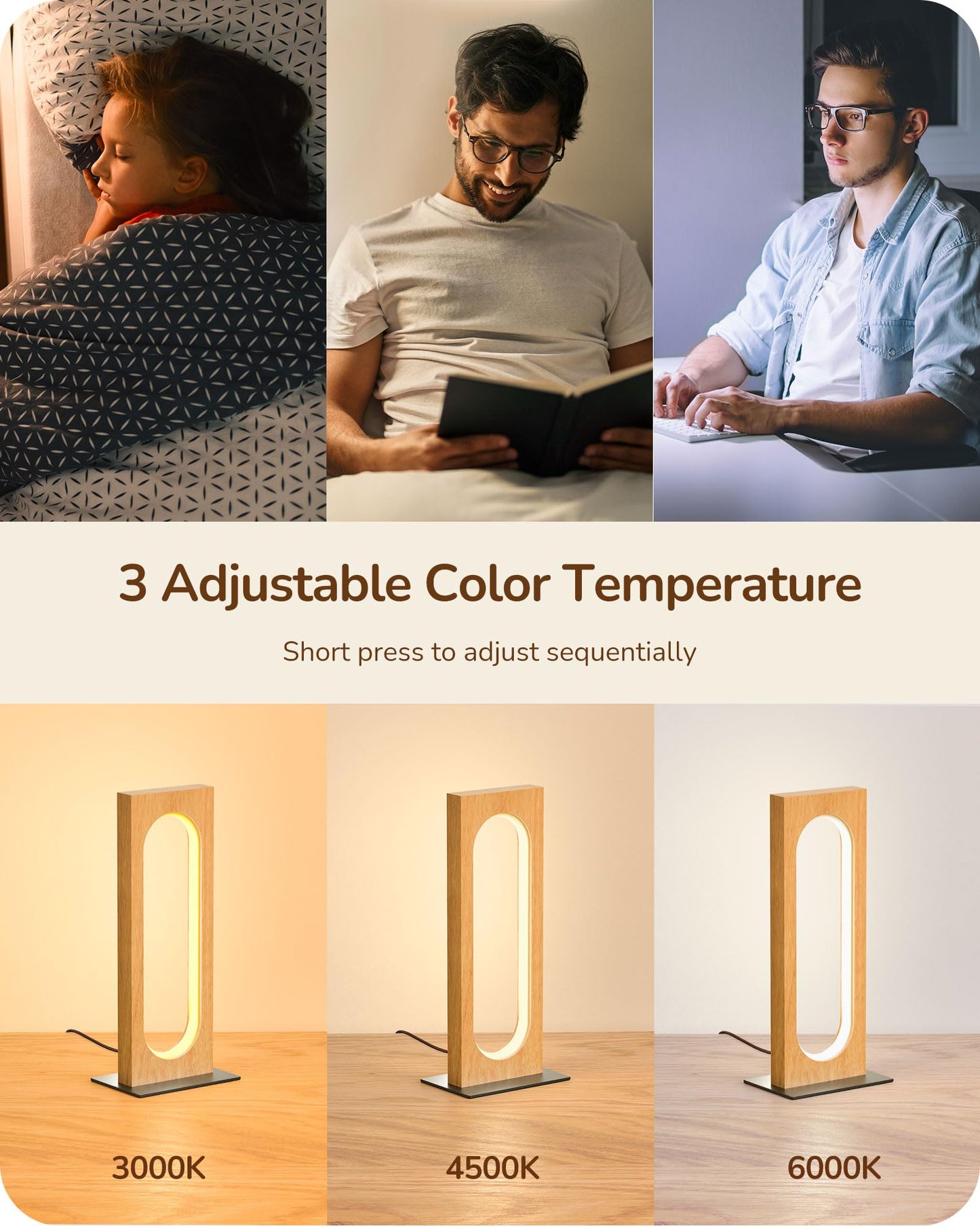EDISHINE LED Table Lamp, Dimmable Touch Control, 13.58inx6.3inx14.17in, Dark Wood Color