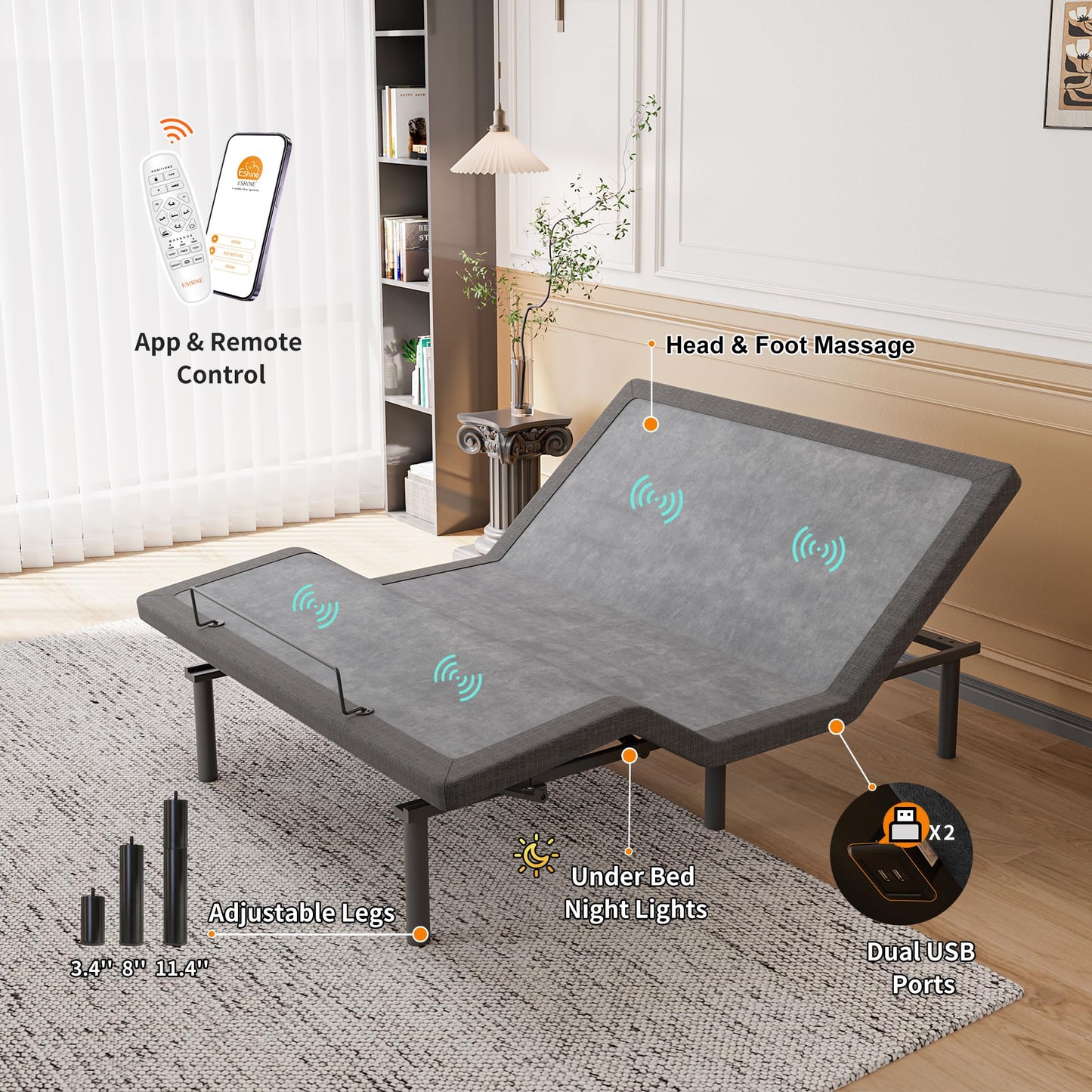 ESHINE 3100 Series Adjustable Bed Frame with 14 inch Ultra-Plush Black Mattress - Split King