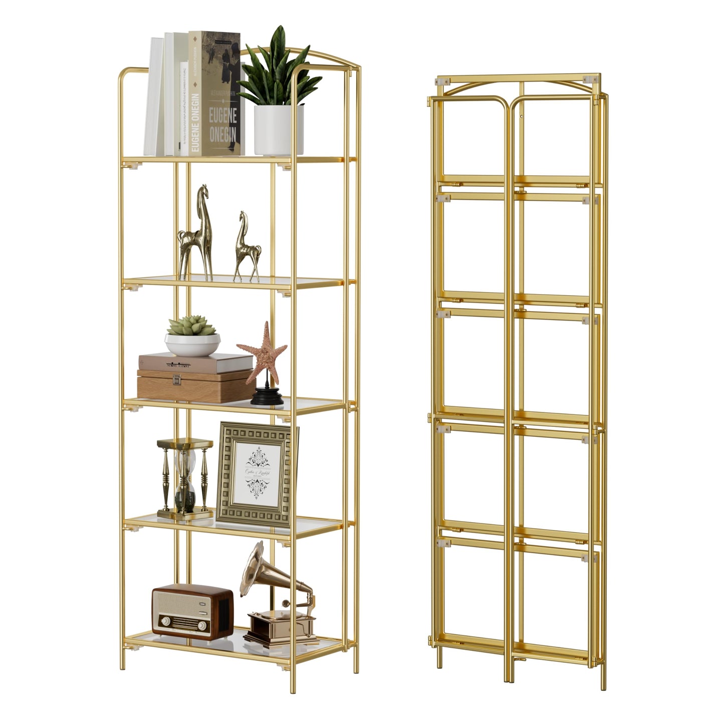 Crofy 5-Tier Foldable Bookshelf, Gold Frame & Transparent Shelves