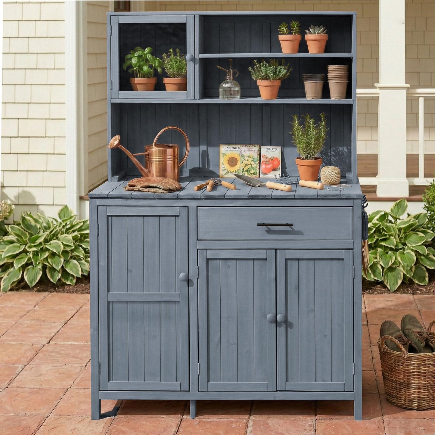 THINK 30 Potting Bench with Hutch, 65" H Solid Fir Wood Garden Workstation, Large Countertop, Patio Kitchen Island with Adjustable Shelves, Spice Rack, Side Hook and Drawer, Gray