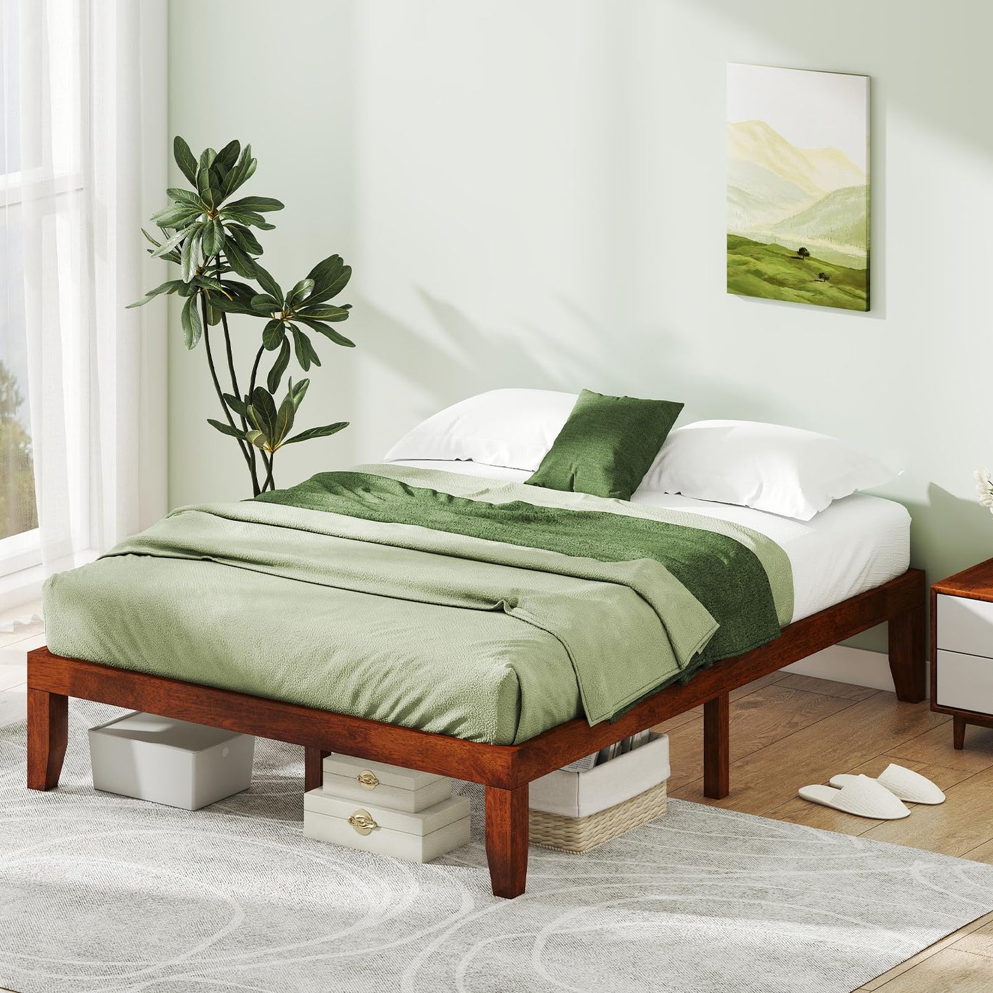 KOMFOTT 14 Inches Wood Platform Bed Frame Queen Size, Wooden Mattress Foundation with Rubber Wood Frame, Strong Wooden Slat Support, No Box Spring Needed, Bed Frame (Brown Cherry)