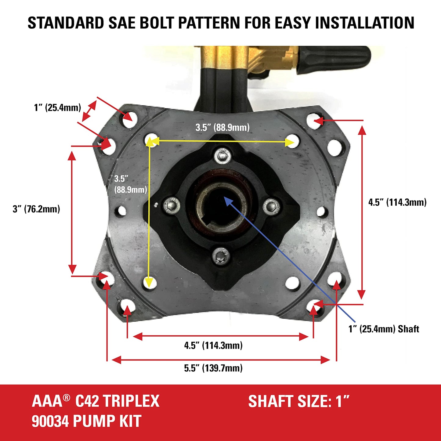 AAA 90034 Horizontal Triplex Plunger Replacement Pressure Washer Pump Kit, 4400 PSI, 4.0 GPM, 1" Shaft, Includes Hardware and Siphon Tube, for Industrial Gas Powered Machines, Black