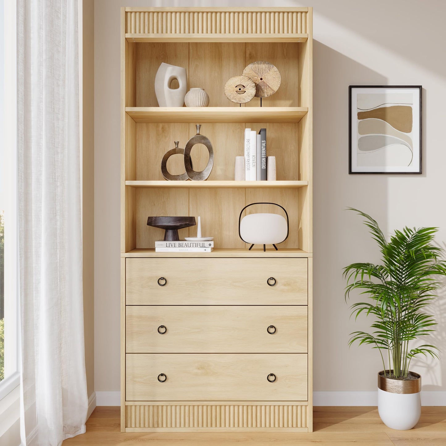 GarveeHome Bookshelf with Drawers 70.8" Fluted Bookcase, Light Wood Bookshelf 6 Tier Bookcase with Storage, Tall Book Shelf with Waved Design, Storage Cabinet with Open Shelf for Living Room Office