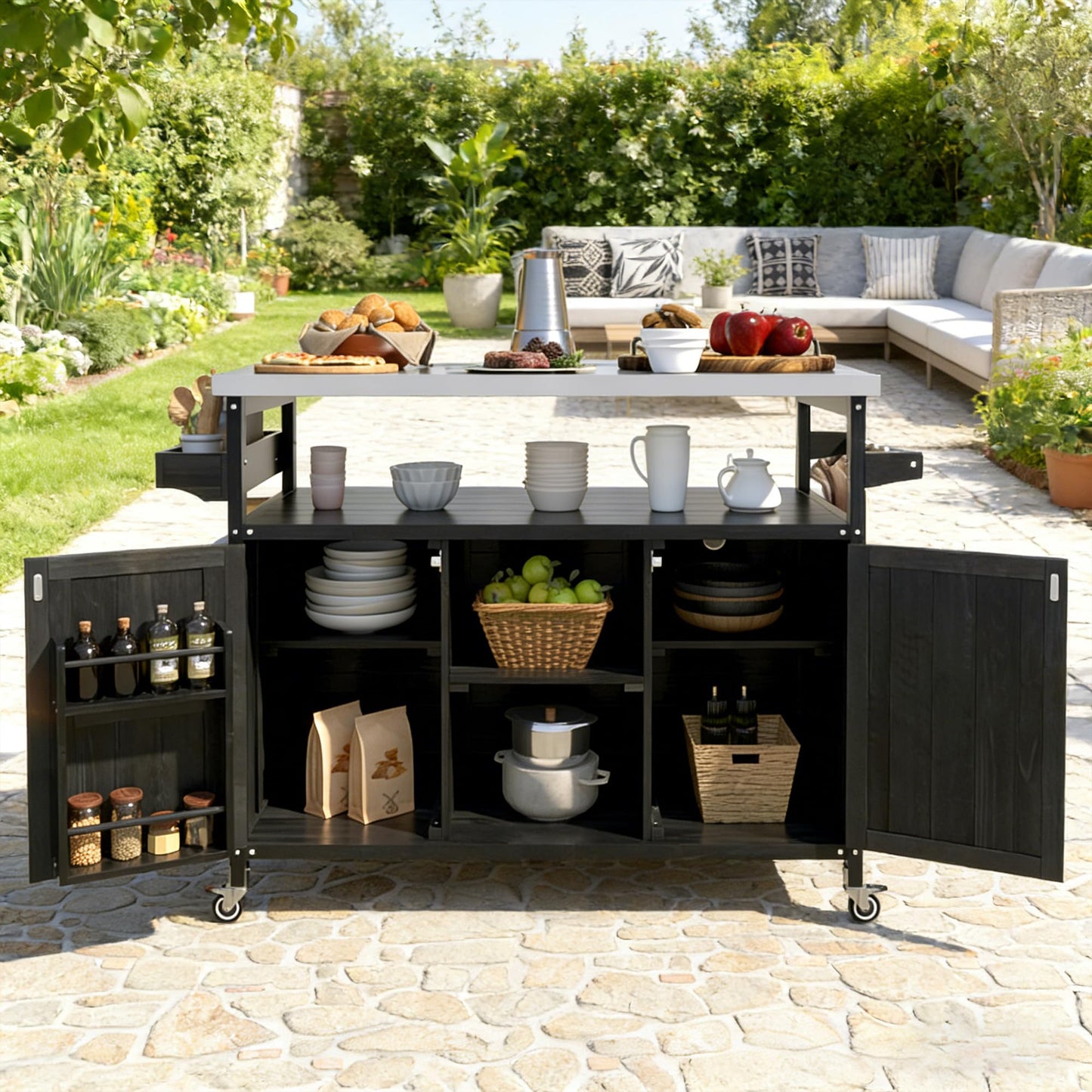 Bellemave Outdoor Kitchen Island with Stainless Steel Top, Rolling Bar Cart & Storage Cabinet, Outdoor Grill Cart with Spice & Towel Rack, Rolling Island Table for Kitchen & BBQ, Black