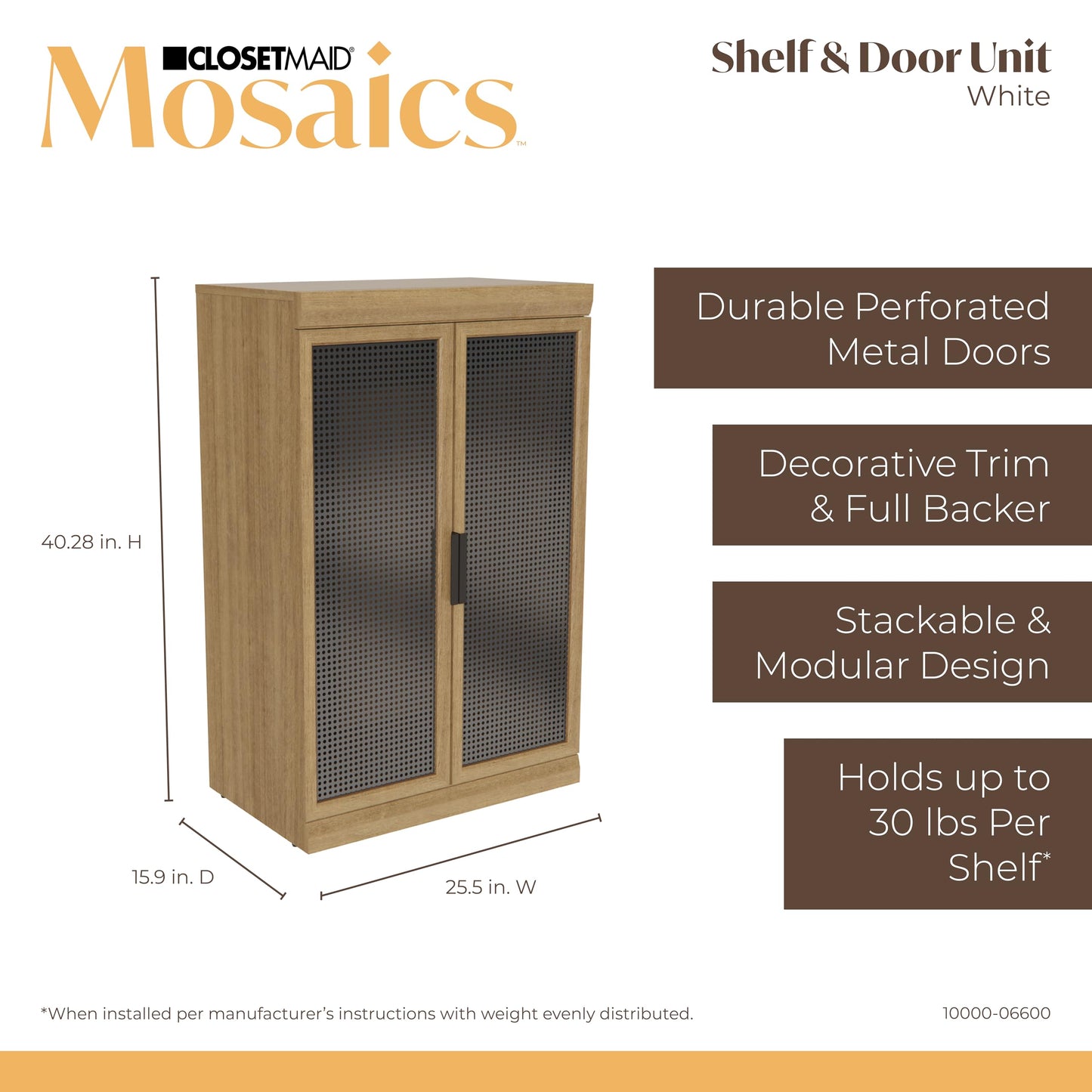 ClosetMaid Mosaics 3 Shelf & Door Storage Cabinet, Stackable, Customizable Closet System, 25.5" W, Toasted Oak