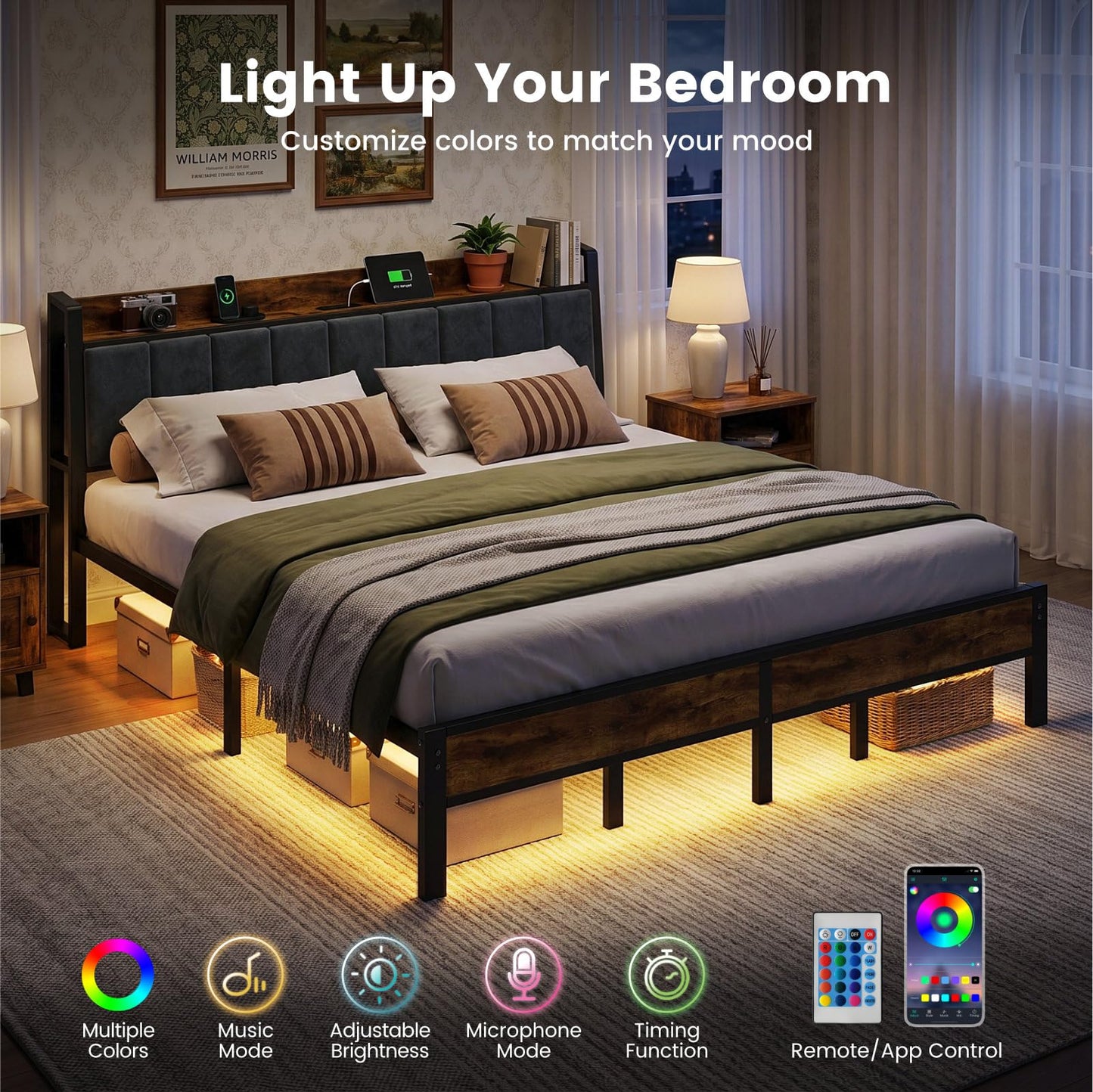 King Size Bed Frame with LED Lights and Charging Station, King Bed Frame with Storage Headboard, Metal Platform Bed with Wood Headboard, Noise Free, No Box Spring Needed, Easy Assembly