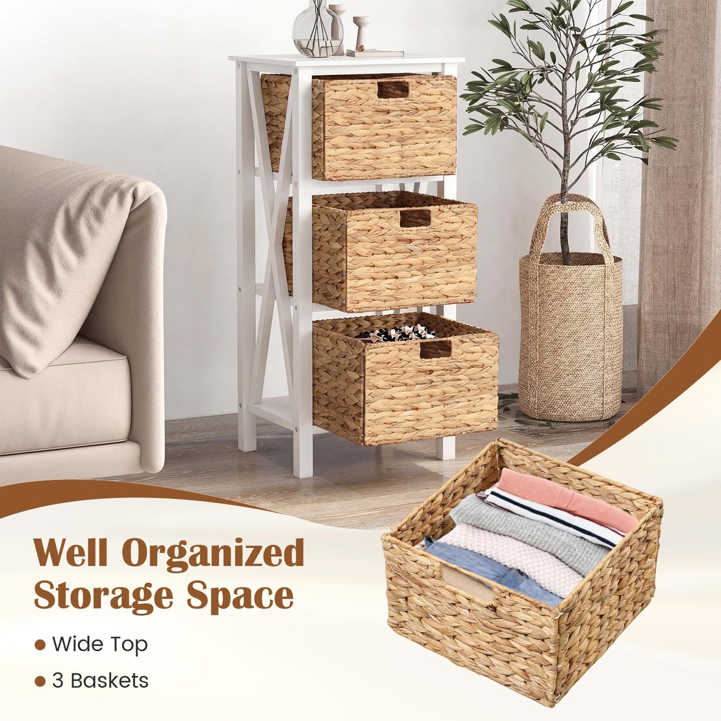 Giantex 3-Tier Nightstand with 3 Wicker Baskets Set of 2, Wooden X-Design Side Table End Table, Beside Table with Acacia Wood Legs, Mid Century Accent Storage Cabinet for Small Spaces, Bedroom, White