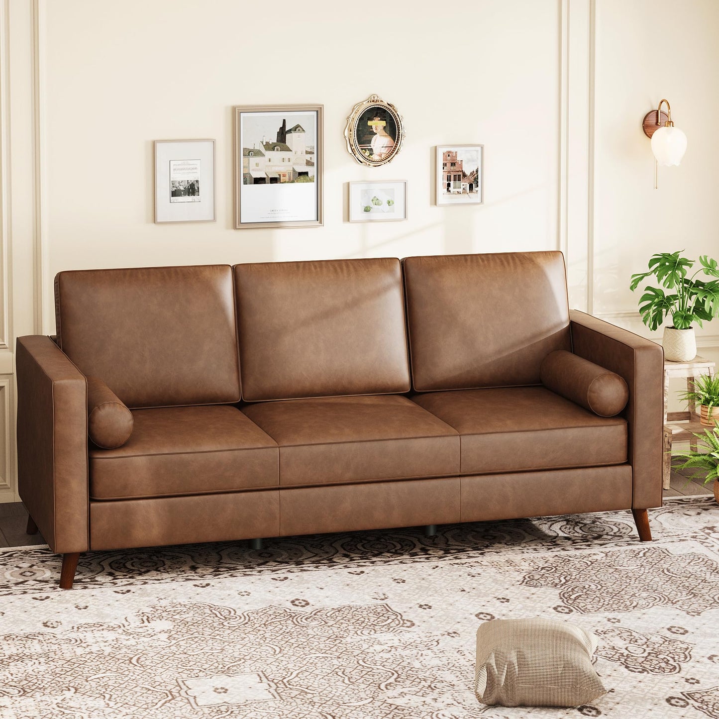 IDEALHOUSE Leather Couch 81 inch, Mid Century Modern Sofa 3 Seater with Deep Seat & Removable Cushions, Faux Leather Chesterfield Couch for Living Room, Office, Brown