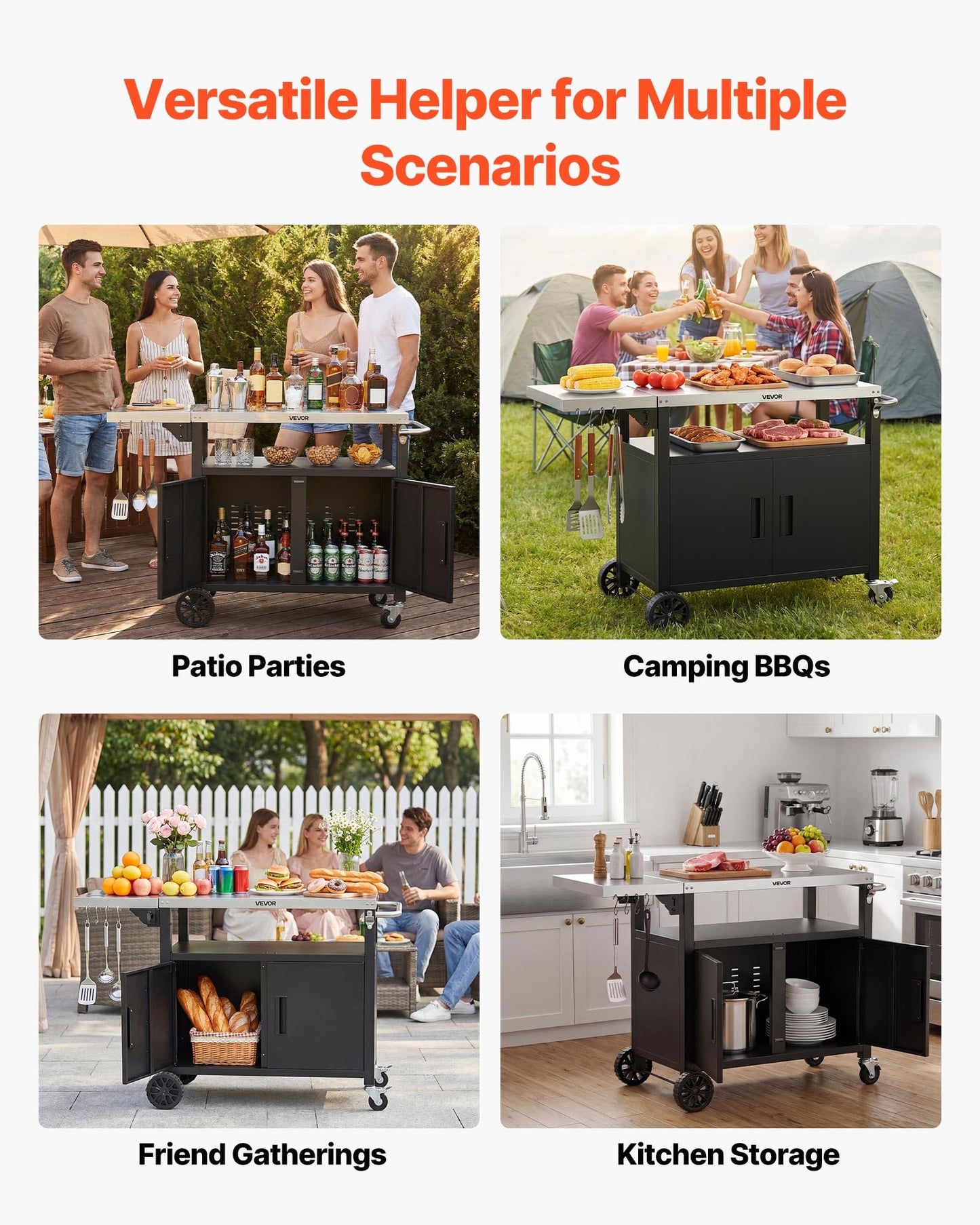 VEVOR Outdoor Grill Cart with Storage Cabinet, 48.9 Inch Grill Table, Waterproof Kitchen Island with Stainless Steel Top, Shelf, and Wheels, Movable Food Prep Station for Patio Bar Backyard BBQ