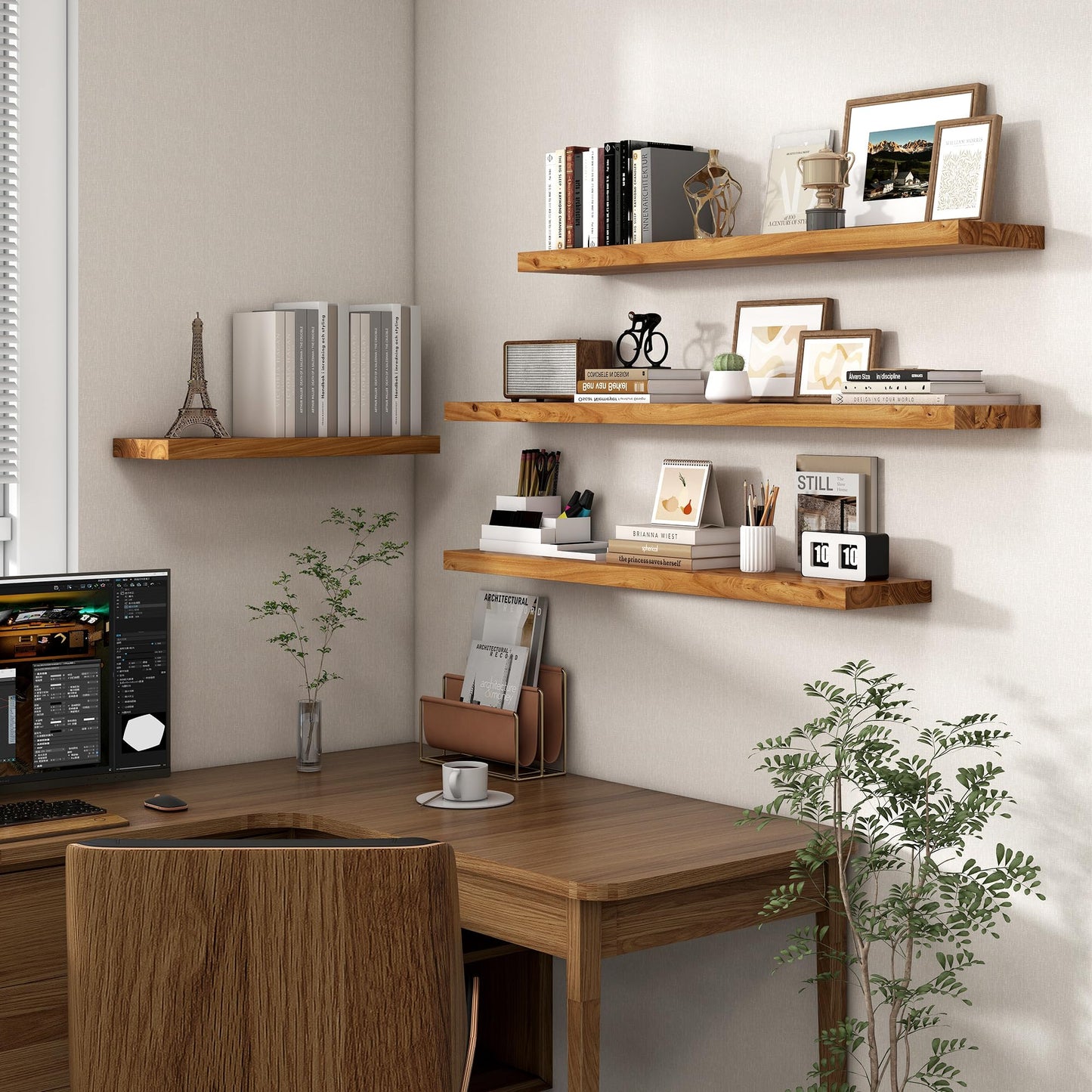 Axeman Rustic Elm Wood Floating Shelves - 72'' W x 8" D Wall Mantel Shelf with Invisible Bracket, Large Long Wall Mounted Storage Shelves for Living Room, Bedroom, Kitchen, Bathroom, Natural