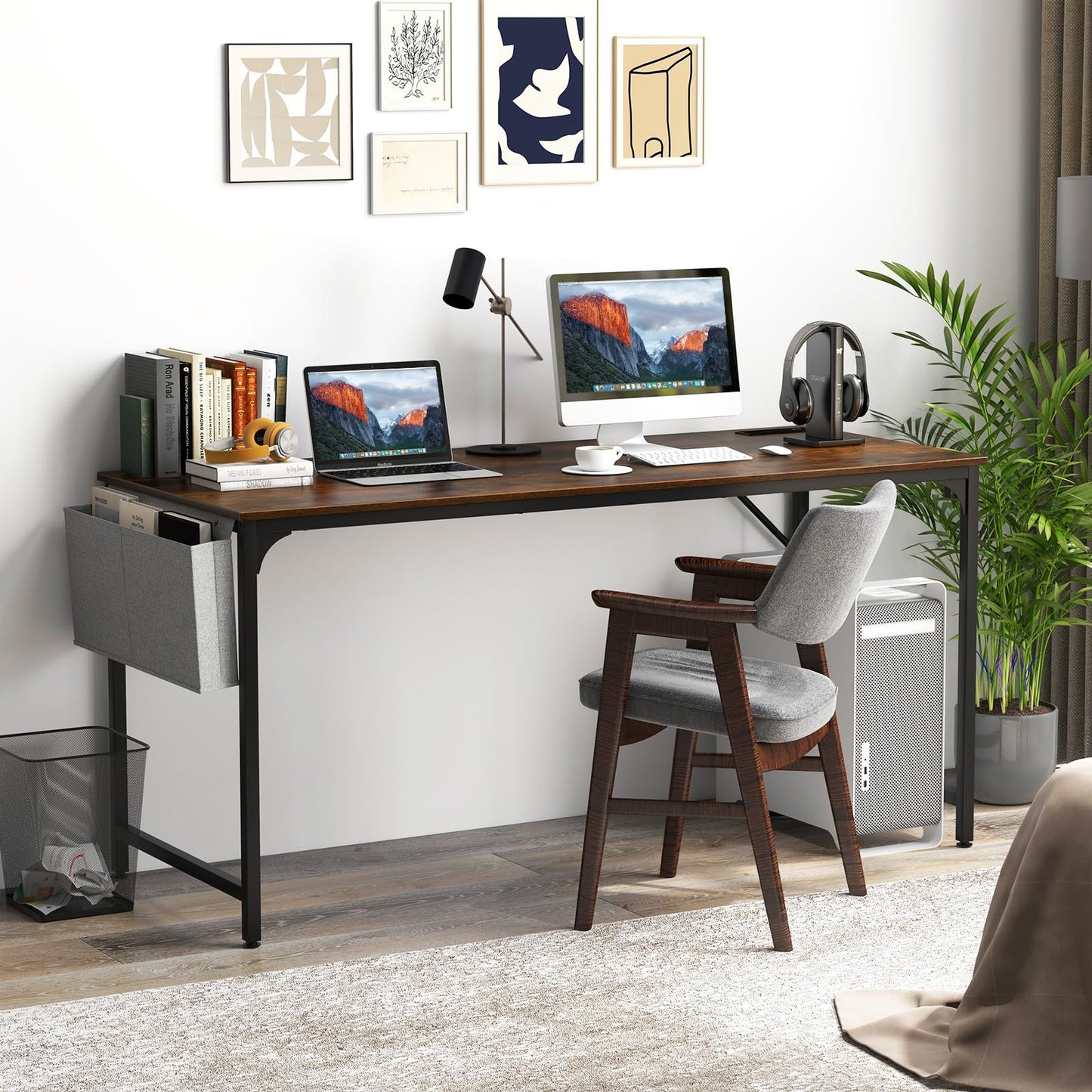 Tangkula 60" Conference Desk Set of 6, Modern Boardroom Desk with Storage Bag, Headphone Hook, Sturdy Metal Frame, Rectangular Seminar Table with Charging Station