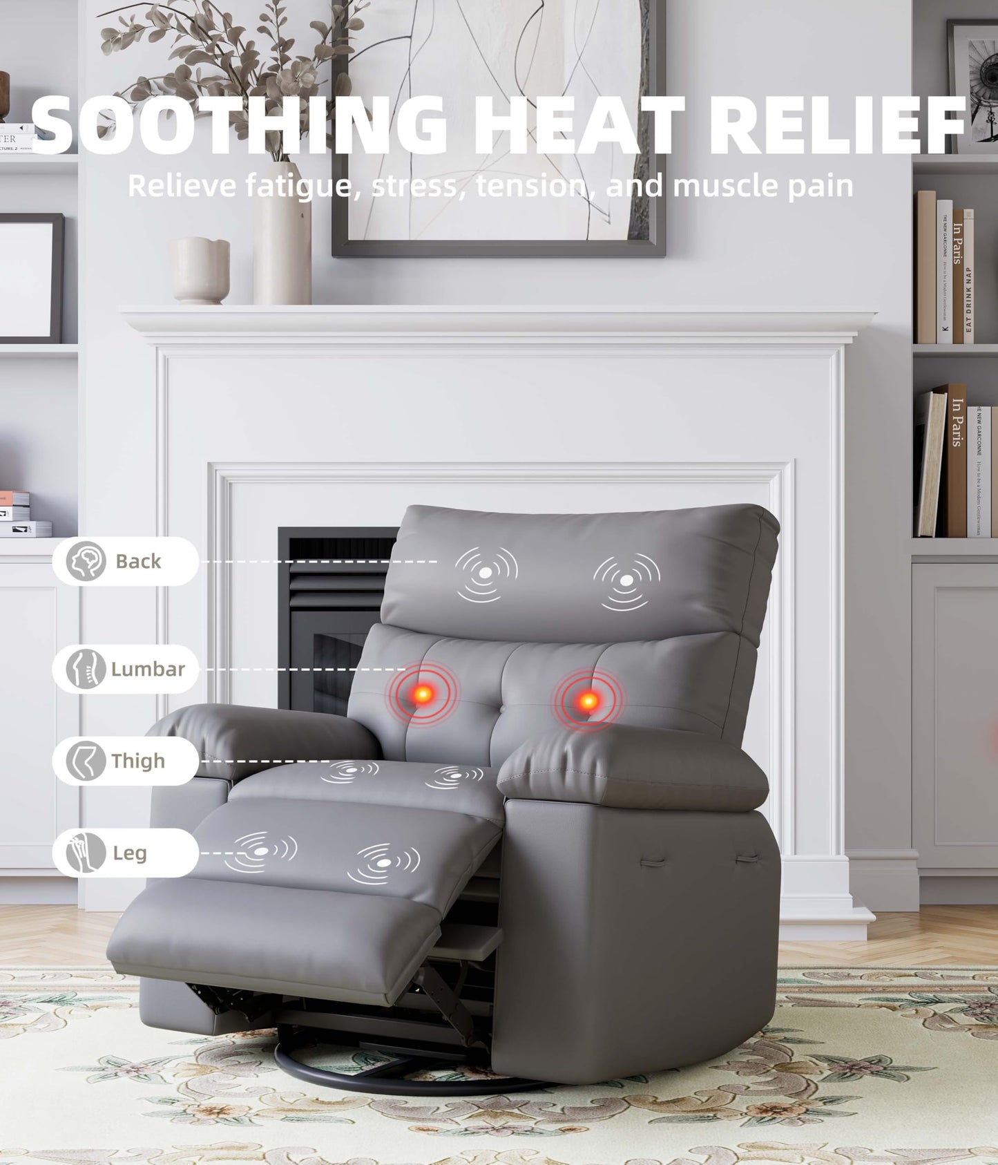 GarveeHome Oversized Power Rocker Swivel Recliner Chair - Heat and Massage, PU Leather Electric Glider Rocking Chair with USB Port, Glider Recliner Nursery Chair for Living Room, Bedroom, Nursery